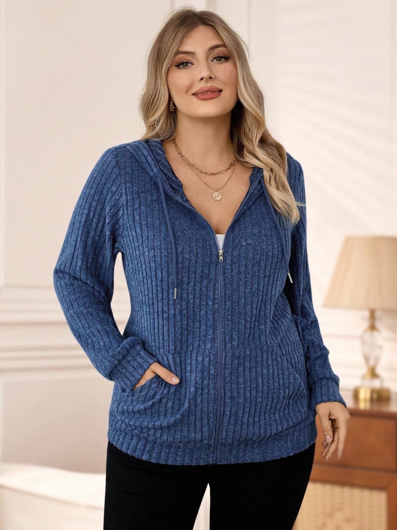 Rosumi Plus Size Women Home And Leisure Hazy Blue Zipper Casual Drawstring Lightweight Knit Zip-Up Hooded Jacket With Pockets  Cozy,Fall,Spring