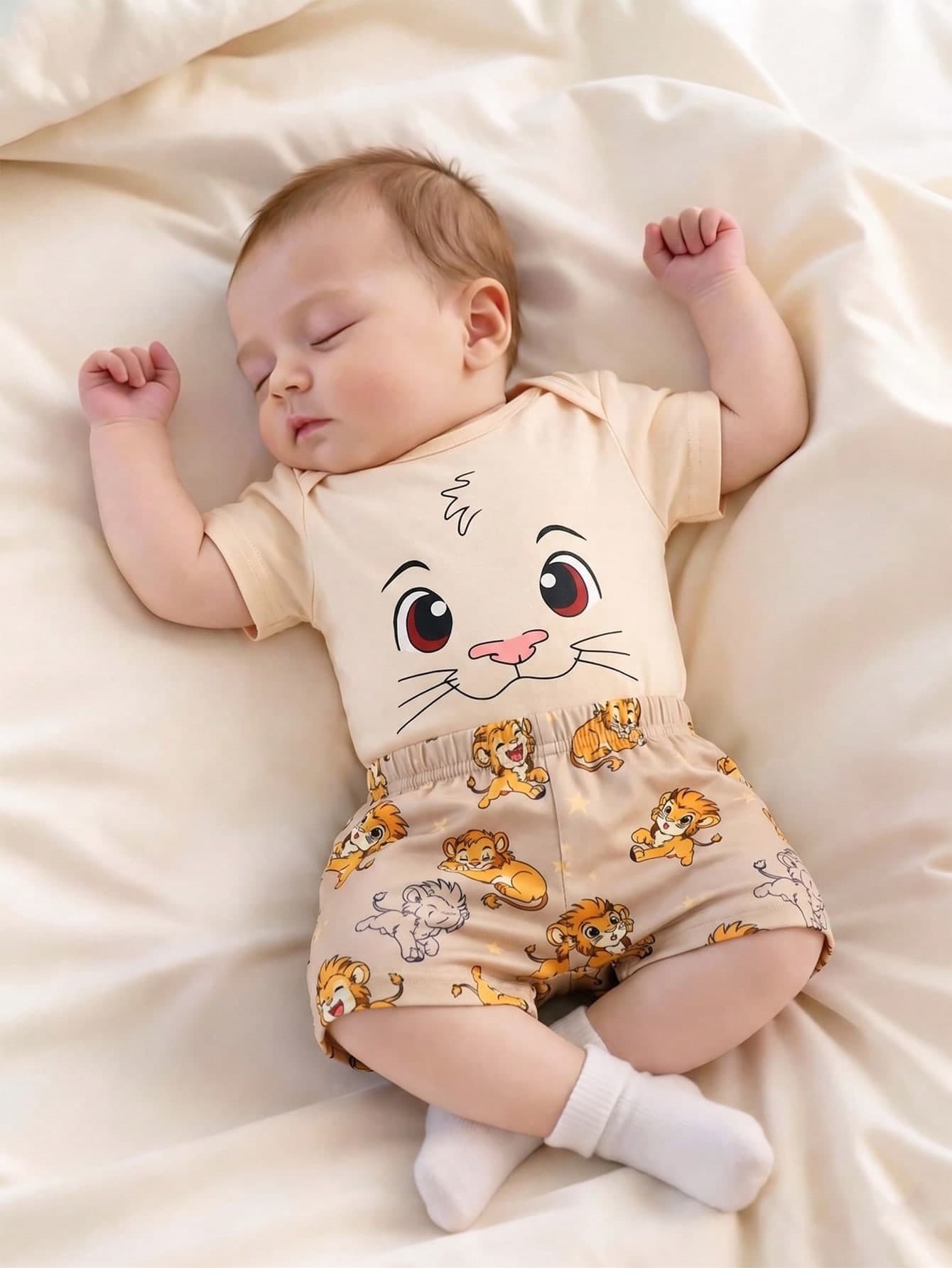 SHEIN 2pcs Newborn Baby Short Sleeve Outfit Lion Print Romper Shorts Brown And Yellow Polka Dot Summer