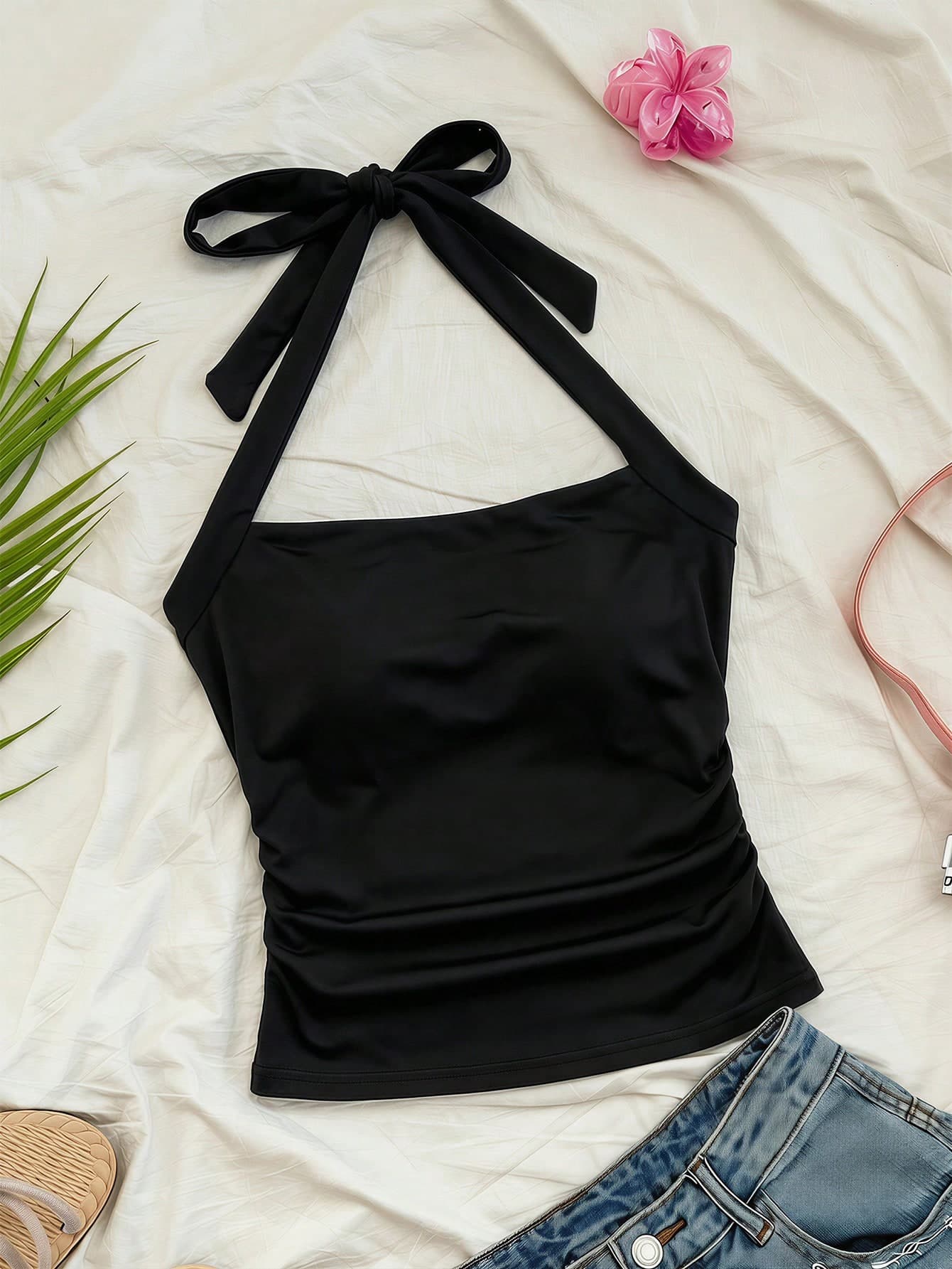 Tween Girl Vacation Black Halter Ruched Waist Fitted Camisole Black