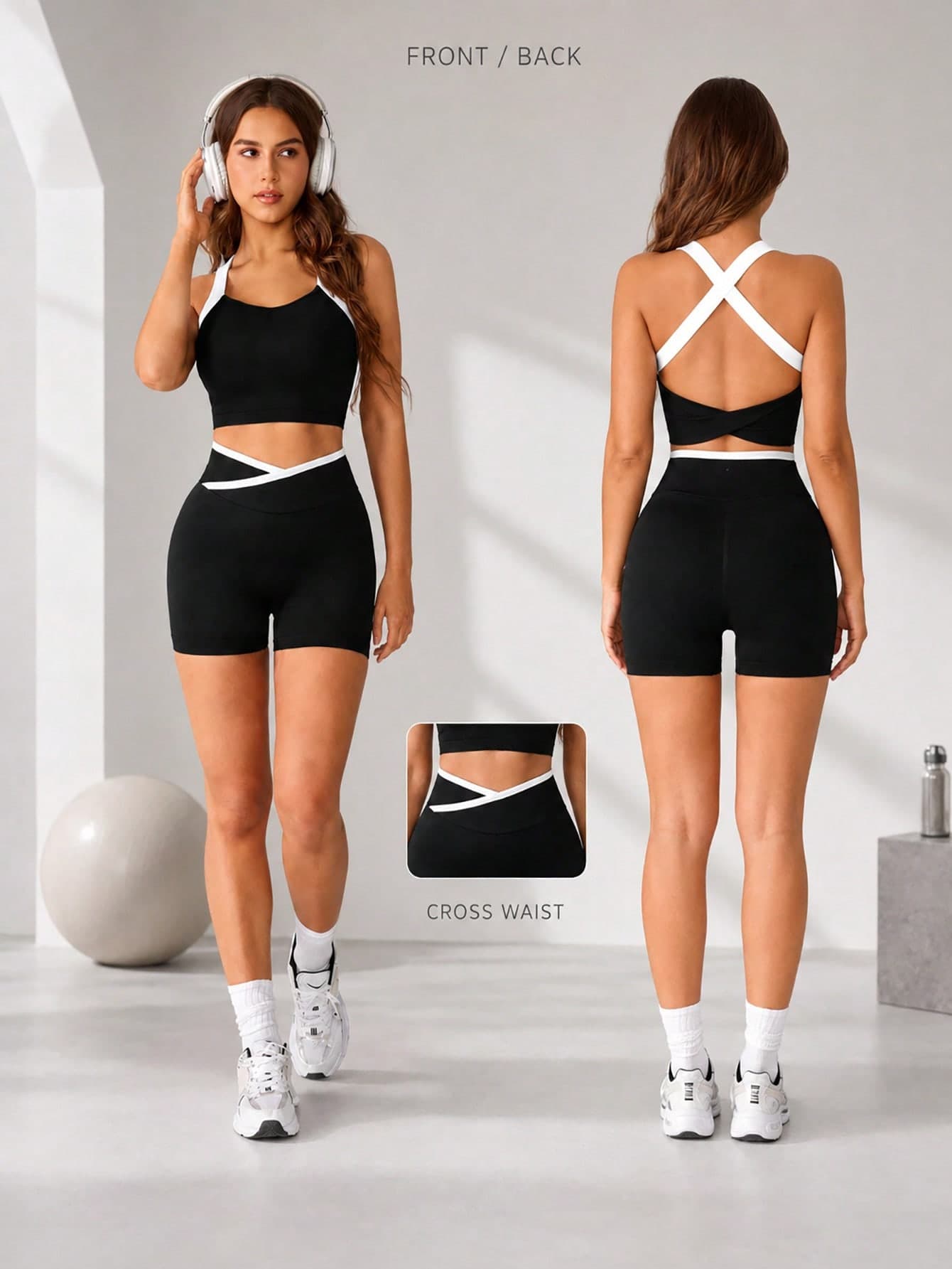 Dewbera Dewbera 1 Set Women Black And White Contrast Color Cross Back Sports Set, Summer High Waist Lifting Fitness Yoga 2 Pieces Suit, Athleisure Gym Workout Modest