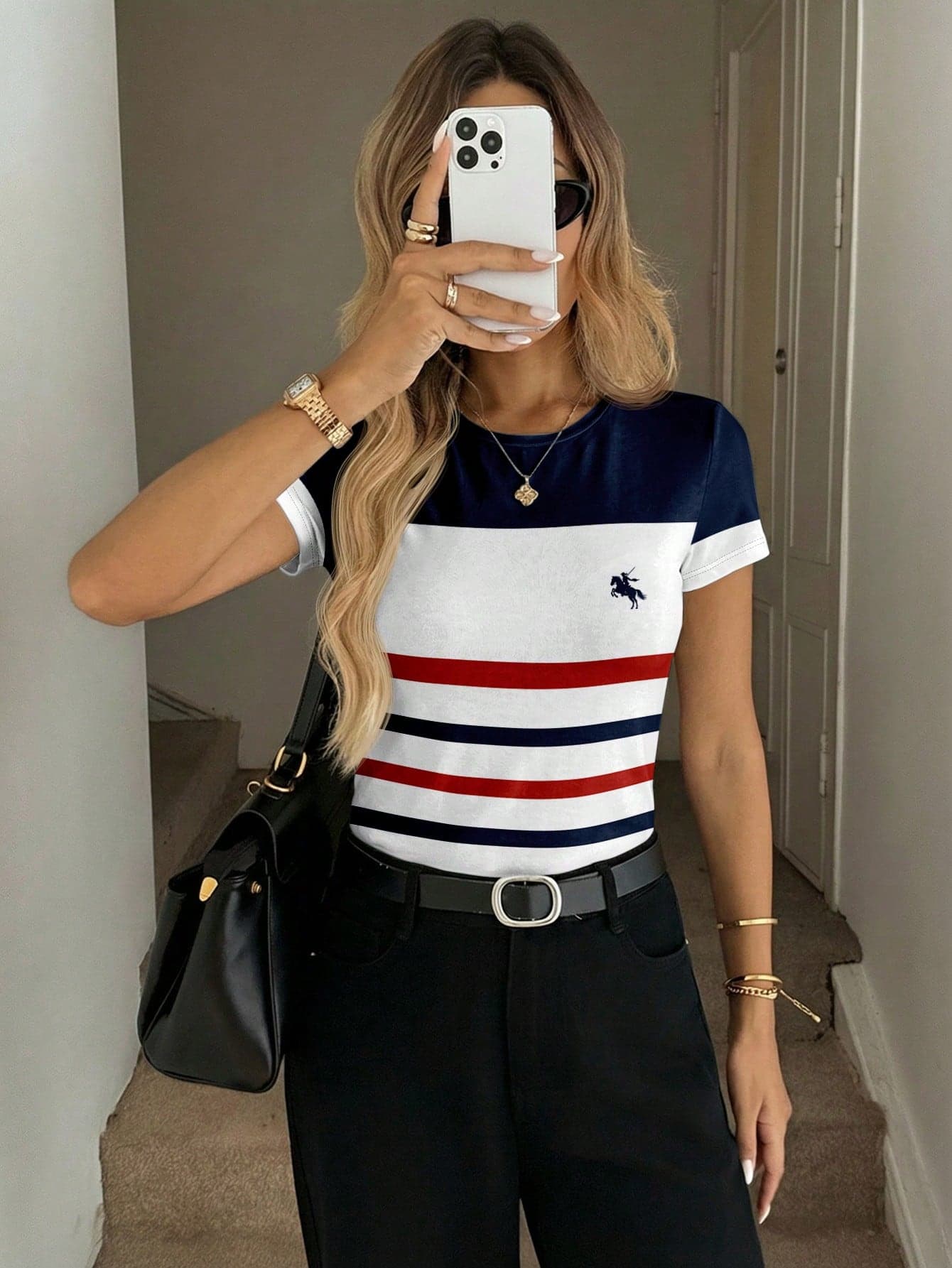 SHEIN LUNE Casual Minimalist Women's Crew Neck Fitted Short Sleeve T-Shirt, Suitable For Spring And Summer