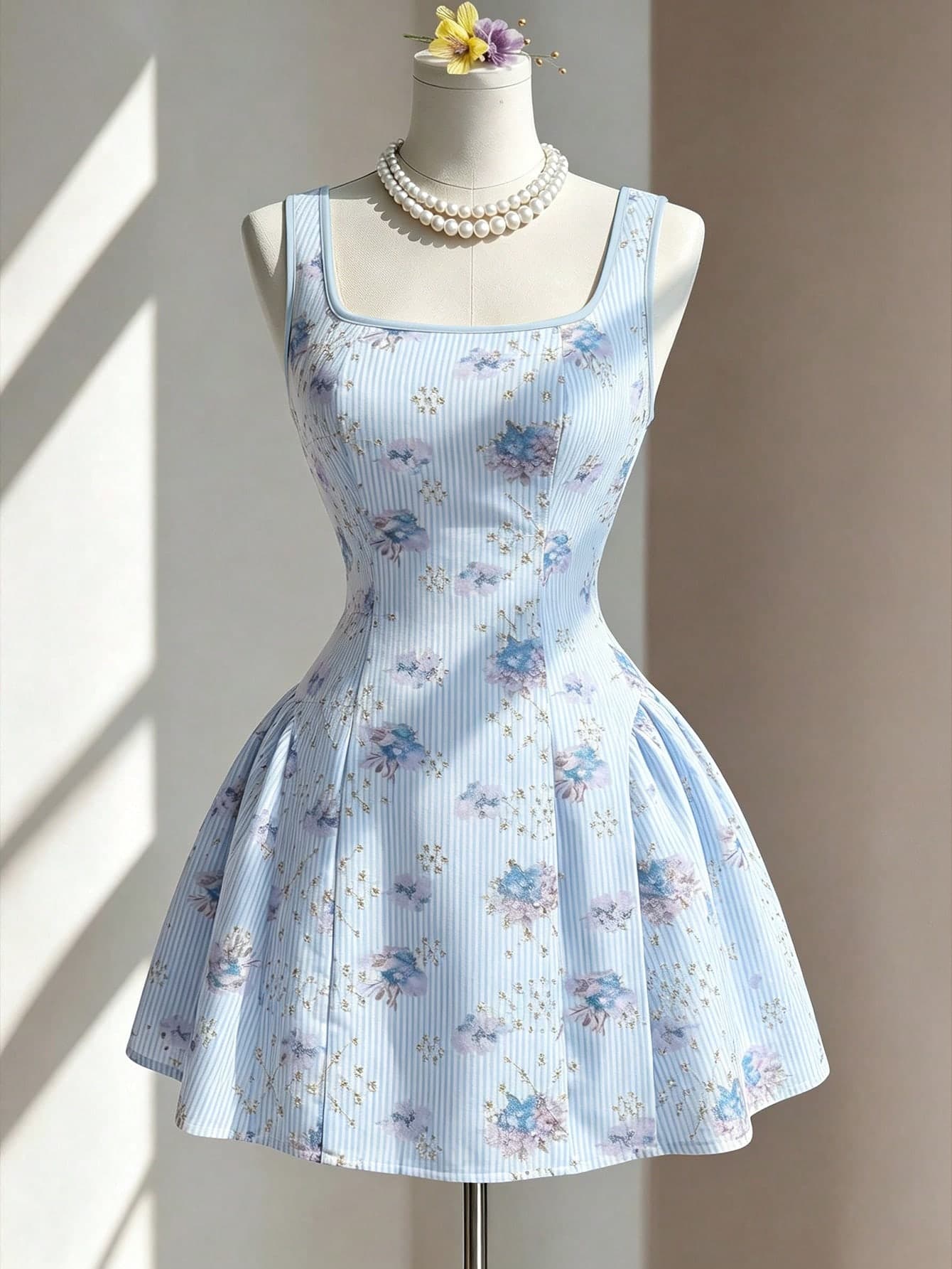 Fine & Folde Women's Square Neck Pale Yellow Striped Floral Low Waist Sleeveless Cinched Cinched Waist A-Line Ditsy Floral Fresh Romantic Vacation French Style Exquisite Fitted Tank Dress Mini Short Dress