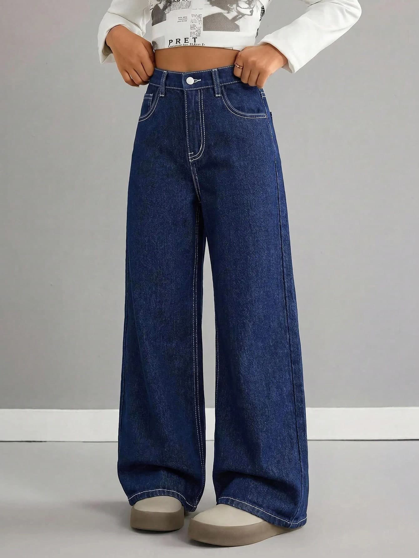 Tween Girl Tween Girls Solid Color Minimalist Loose Denim Long Pants Jeans Suitable For Daily Outings, Vacation Photos, And Party Outfits