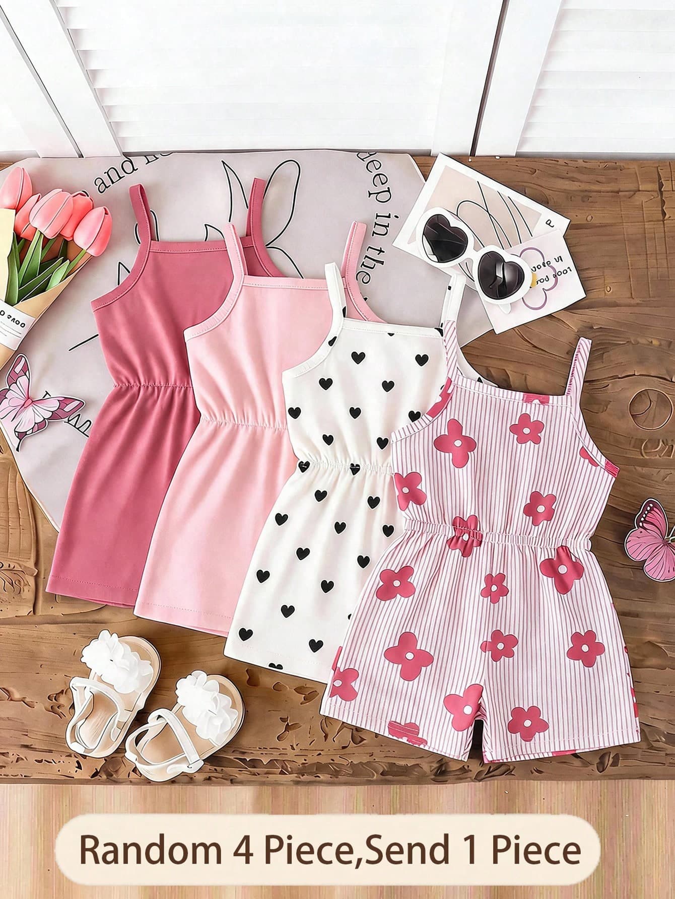 Souflis Souflis 4-7 Years Old Girls Summer Sleeveless Spaghetti Strap Romper - Random 1pc, Multiple Prints/Colors Available, Casual Elastic Waist Children Short Romper