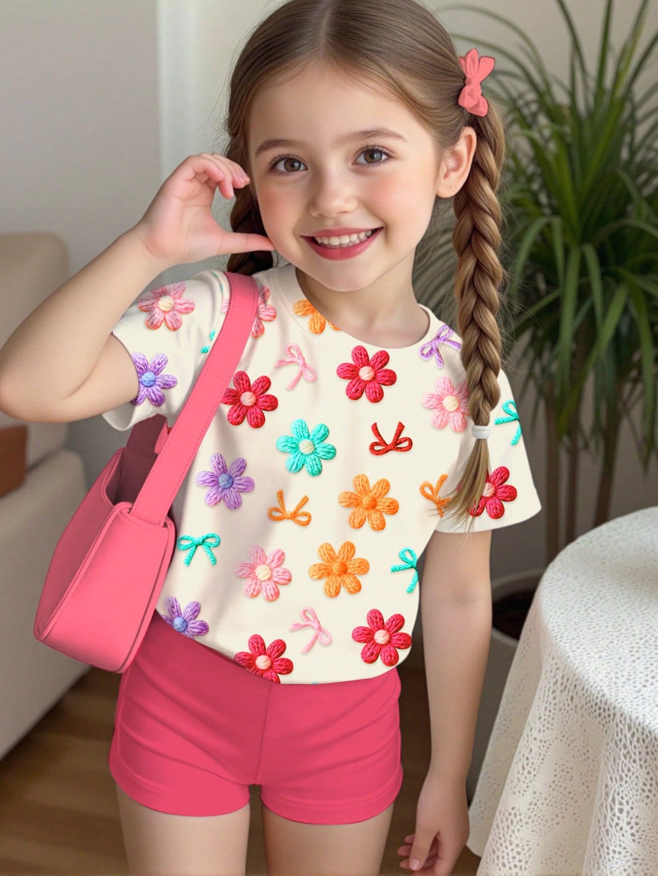 Young Girl Casual Cute Sweet Polka Dot Bow Flower Print, Fashion Ballet Style, Pink, Short Sleeve Shorts Two Pieces Set Suitable For Summer Graphic, Cozy, Girls Outfit Sets, Y2K, Kawaii, Vacation, Back To School