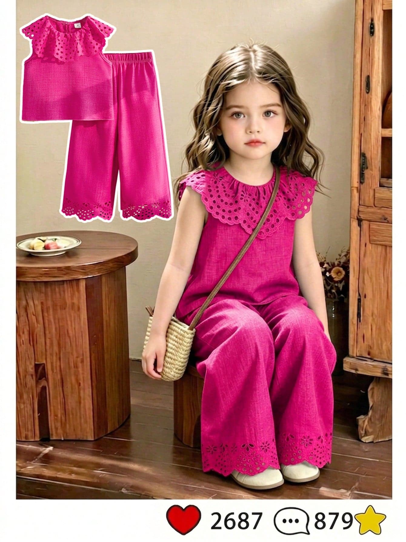 SHEIN 2pcs Young Girl Sweet Cute Princess Style Strawberry Print Sleeveless Tank Top And Matching Long Pants Set, Pink Stripes + 3D Strawberry Embroidery + Ruffle Collar, Eye-Catching, Suitable For Parties, Family Activities, Daily Wear, Back To School