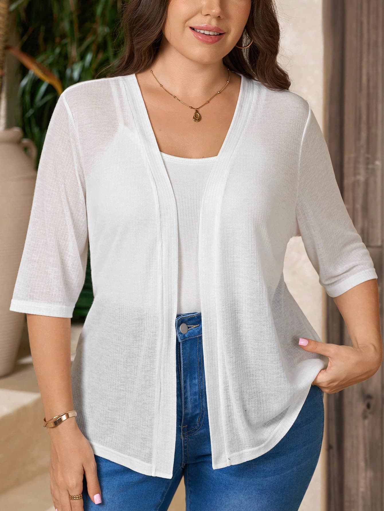 Comfylo Plus Size Women's French Style Casual Versatile Textured Sheer Knit Cardigan Office White Summer