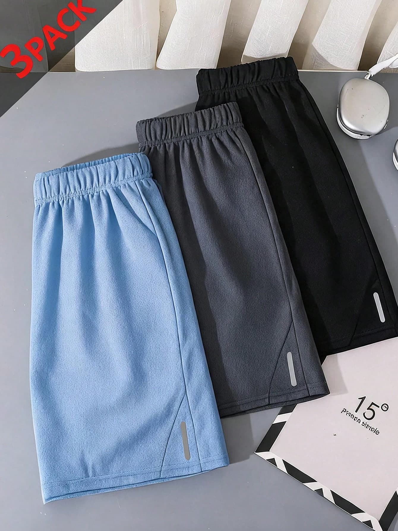 3pcs Teen Boy Casual Color-Block Reflective Tape Shorts Set, Black/Grey/Blue, For Sports & Home, School, Campus, College