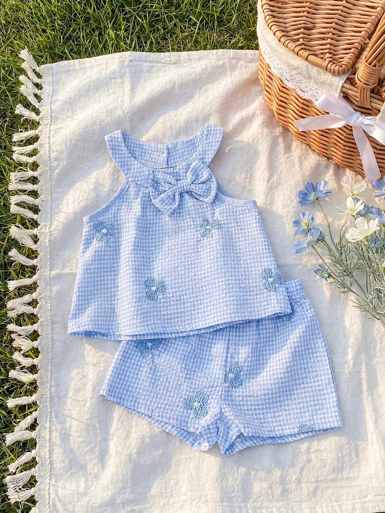 SHEIN Playful Pals Baby Girl Outfits 6Months-3year 2pcs/Set Summer Elegant And Glamorous Outfits For Girl Casual Daily Style Loose Suit, Sleeveless Ruffled Flower Printing Top And Flower Printing Short Pants