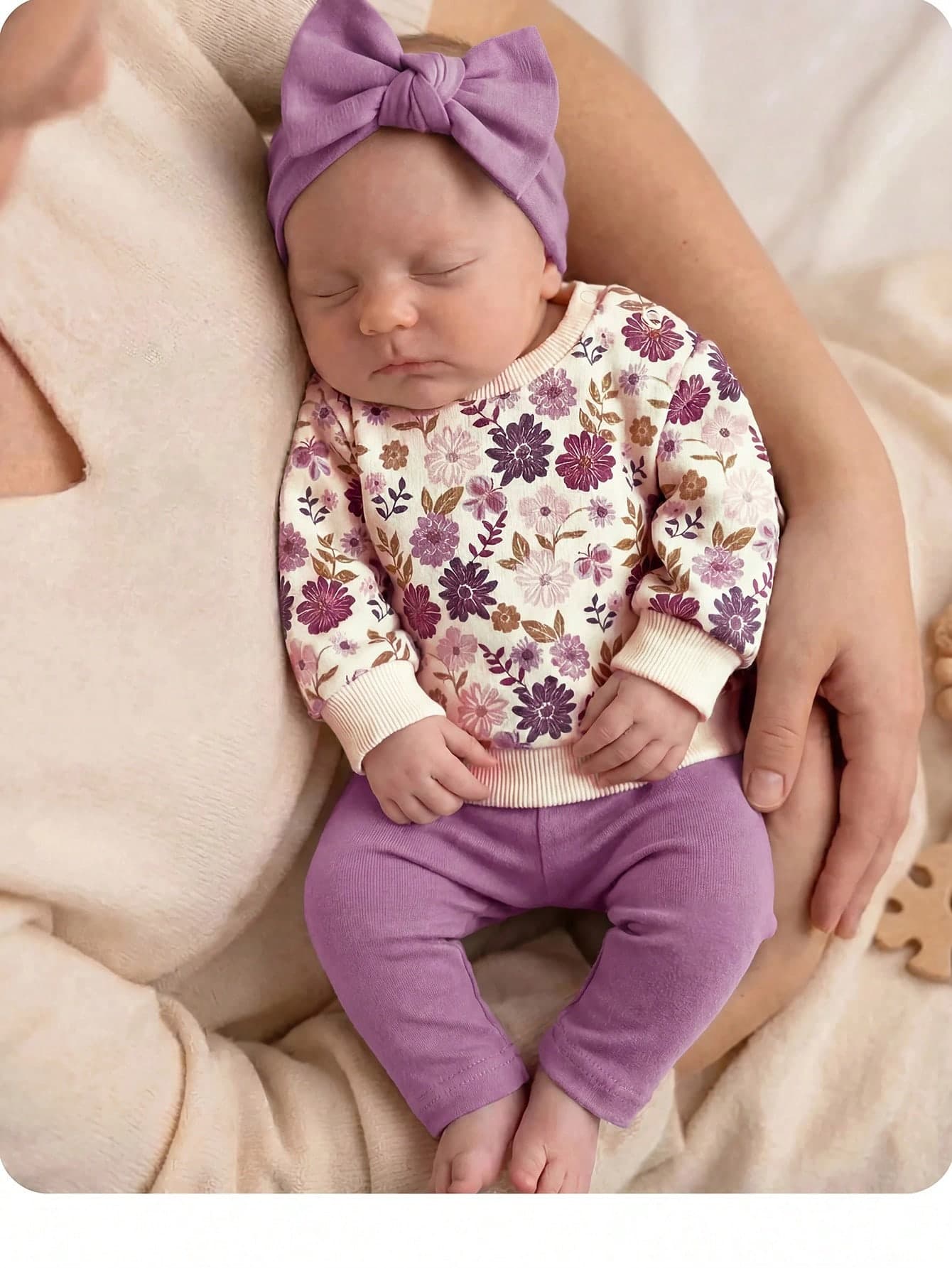 SHEIN Newborn Baby Girl Cute Casual Knit Floral Pattern Long Sleeve Sweatshirt Elastic Waist Long Pants Set