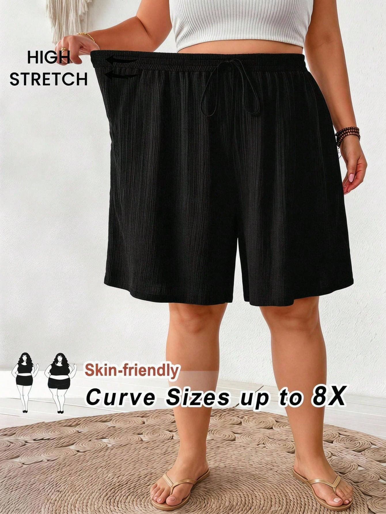 SHEIN CURVE+ Plus Size Women's Solid Color Knotted Wide Leg Casual Loose Shorts, Black Elastic Waist Skirt With Autumn