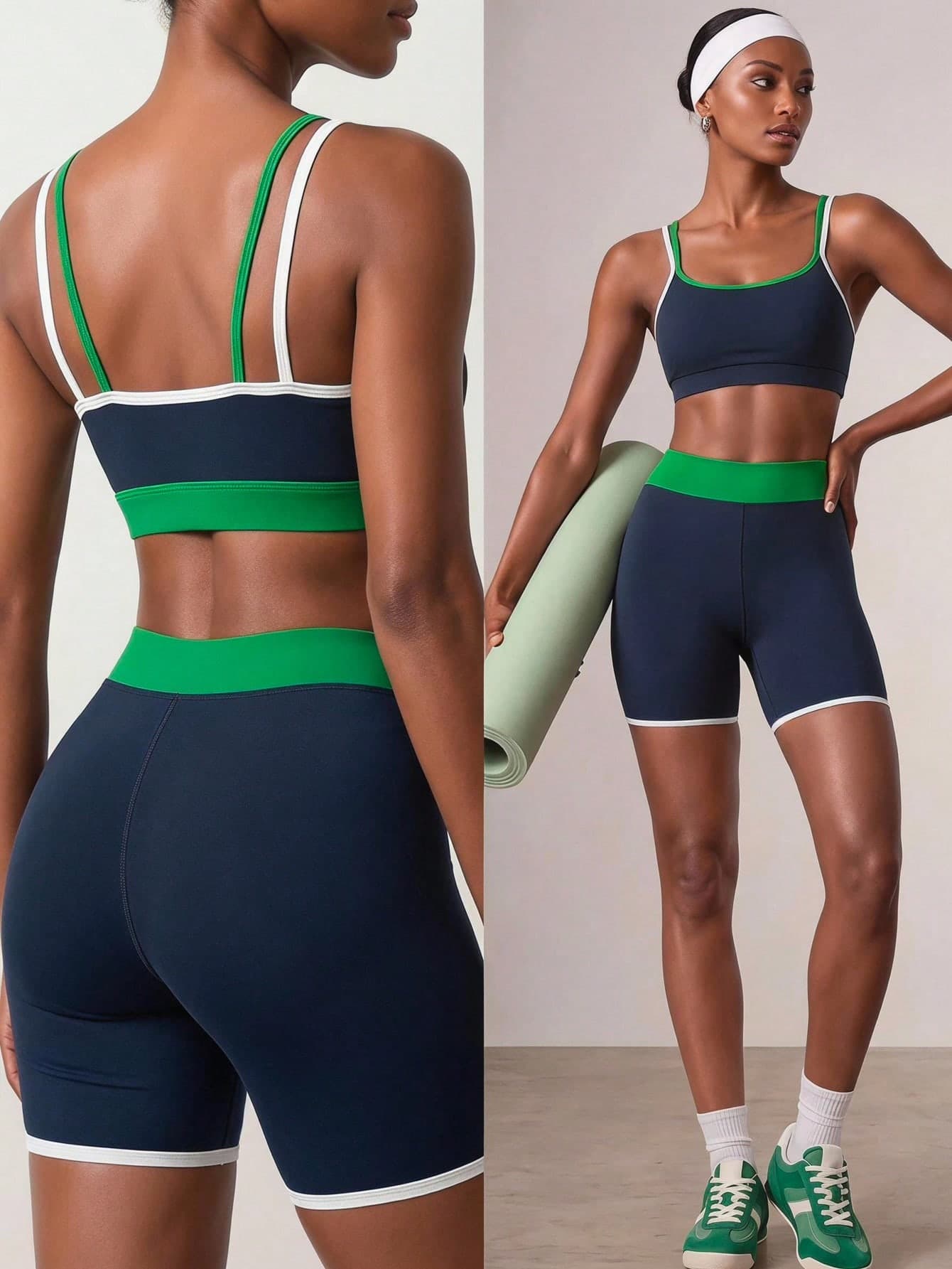 Zivah Women's Navy Blue Piped Cropped Camisole Tank Top & Shorts Athletic Gym Set For Summer Workout