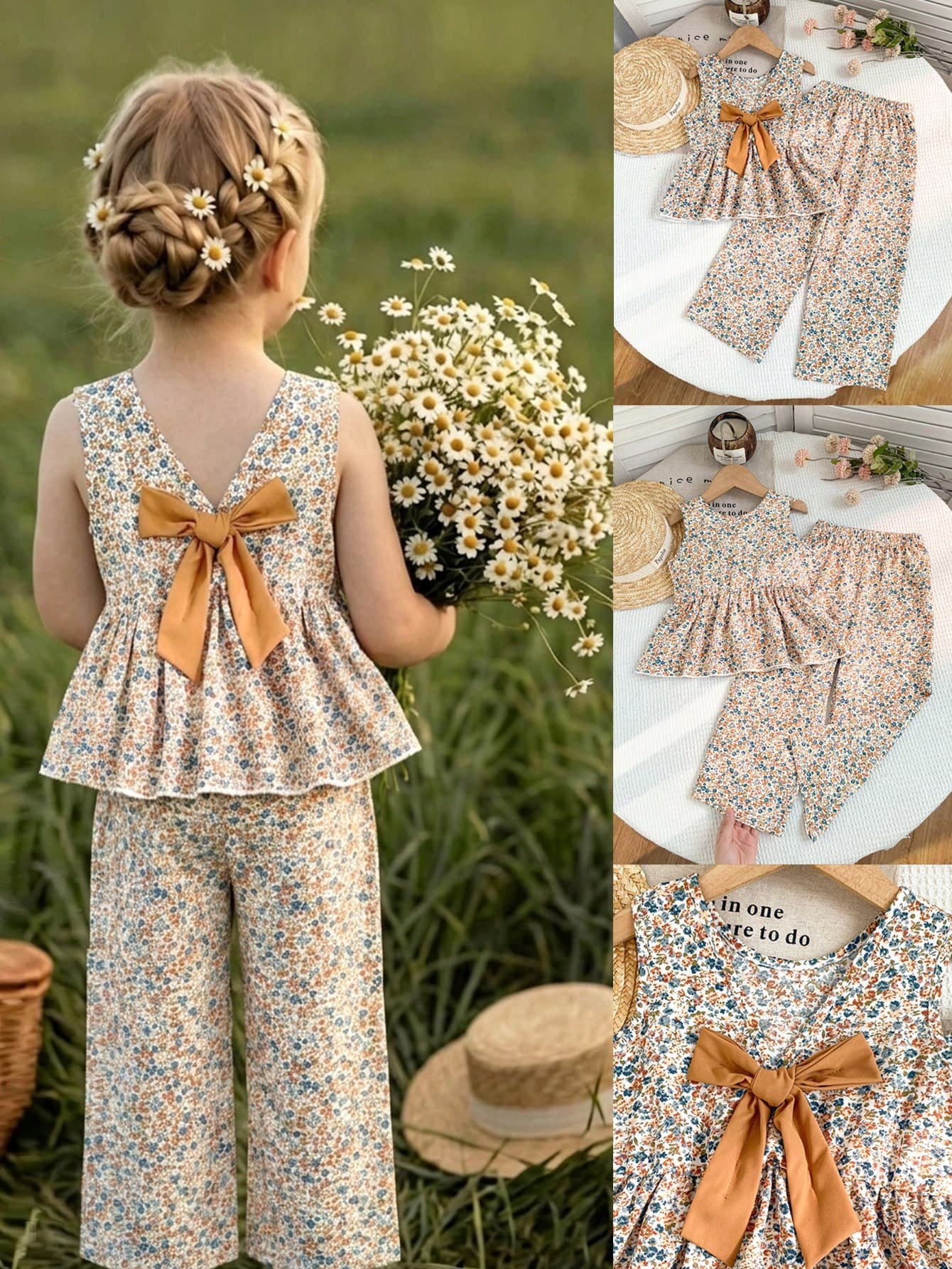 SHEIN Elladie kids 2pcs/Set Girls Summer Charming White Blue Orange Vintage + Floral Picnic Print Round Neck Ruffle Sleeveless Top With V-Back And Bow Decor + Wide Leg Pants Set, Perfect For Summer Outfits, Beach Weekends, Vacation Romance, Island Style, Urban Evening, Birthday Outfits, Bohemian Festival
