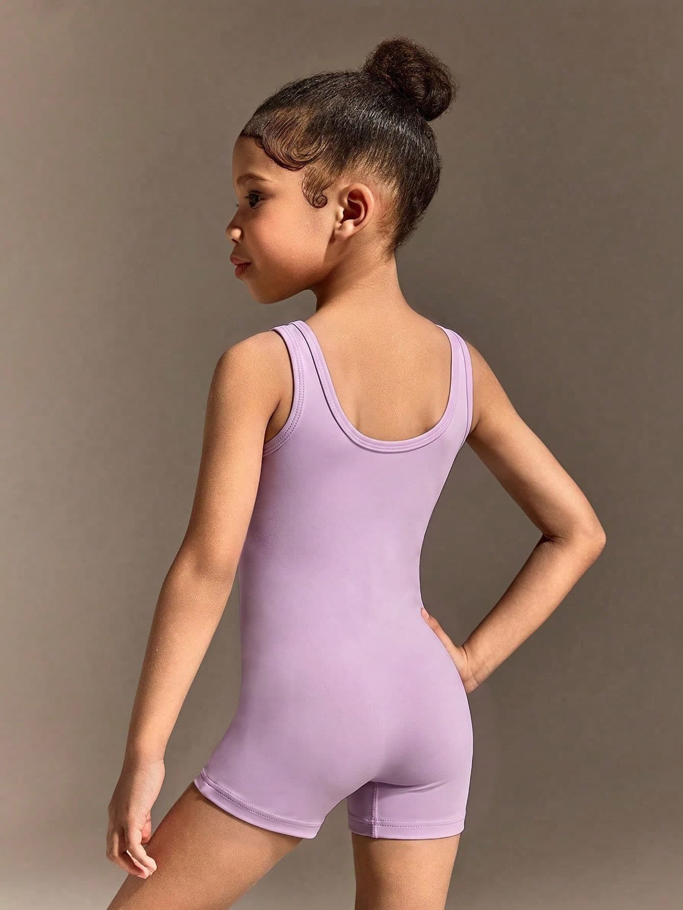SHEIN Girls' Light Purple Athletic Jumpsuit, Casual, Sports, Fitness Shorts, Tight Elastic Comfortable Leggings