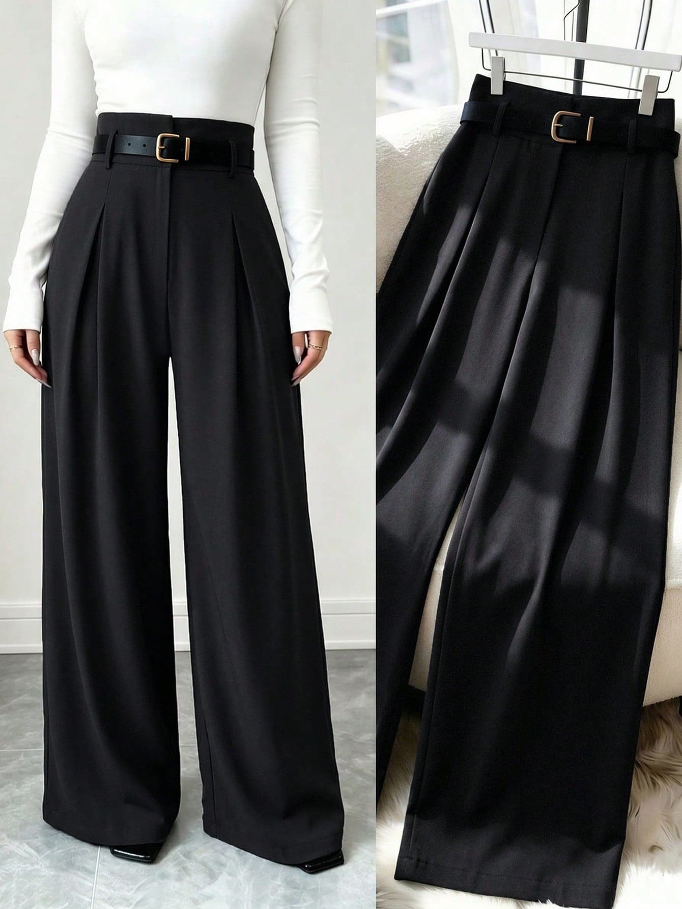 Juhart Plus Size Women's Solid Color Pleated Wide Leg Loose Casual Long Pants Fall