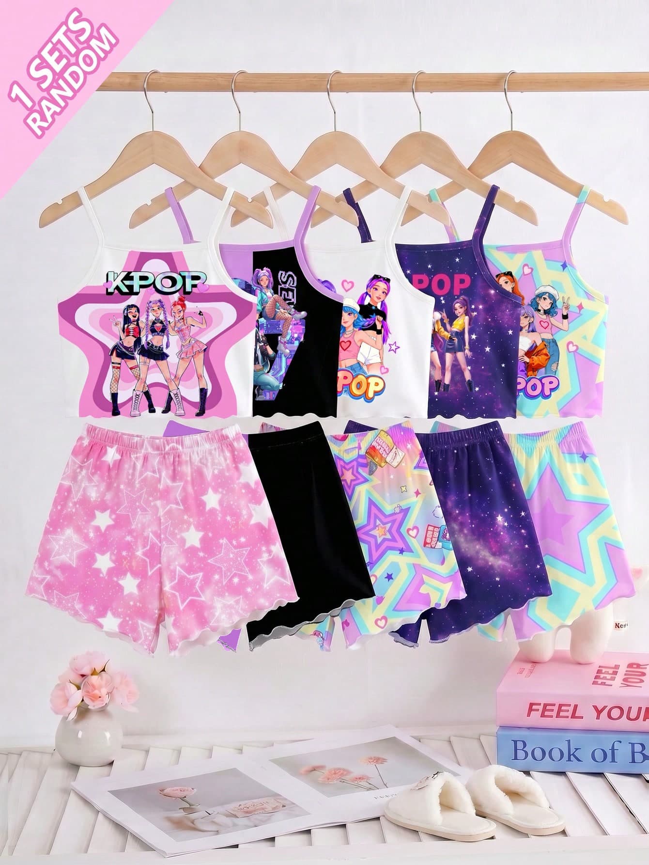 SHEIN [Randomly Sent 1 Set]Young Girls Summer Camisole Loungewear Set, New Summer Style Sweet Cool Cartoon Print Pajamas, Pink Purple Black Color Block Starry Sky Pentagram Multi-Color Knit Fabric, Comfortable Soft Wavy Edge Short Camisole Wide Leg Shorts 4-Piece Set, Loungewear Pajamas Suitable For Outdoor Wear