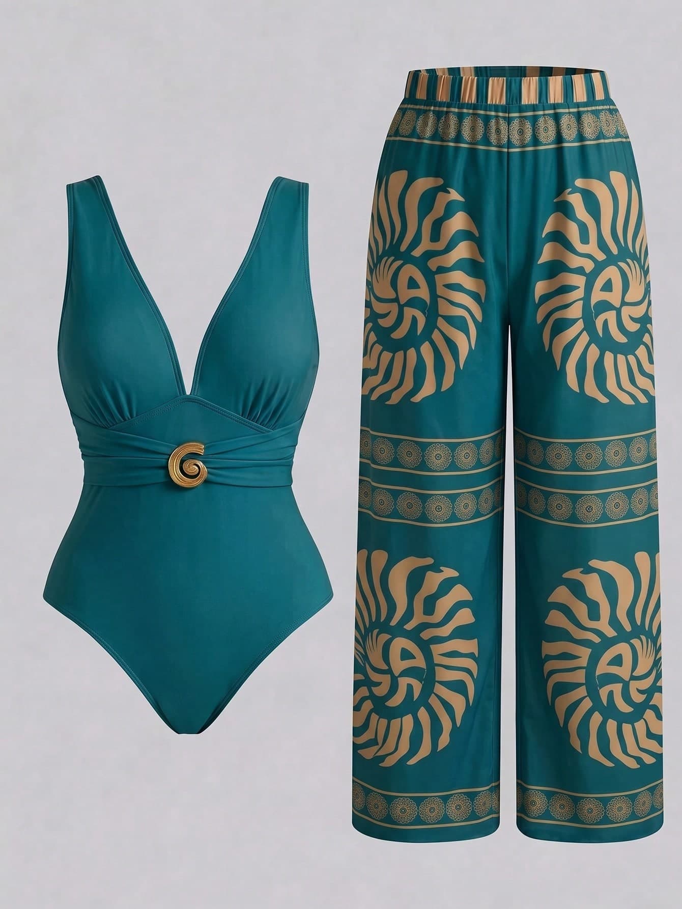 Swim Oasis New Plus Size Women's Tummy Control Slimming Sexy V-Neck One-Piece Mesh Bodysuit & Long Pants 2-Piece Swimsuit Set