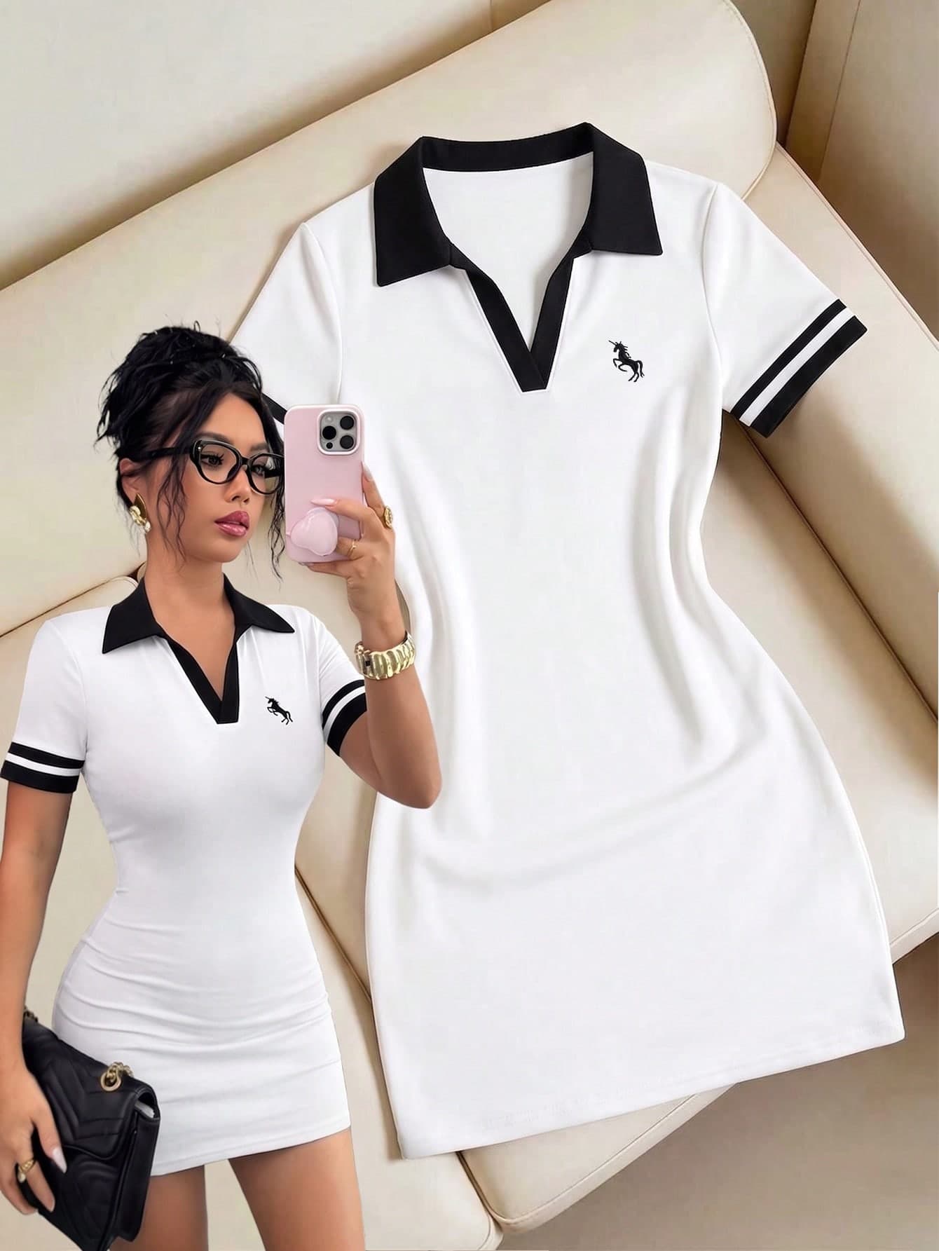 Elenzga Spring/Summer Women's Fashion Elegant Dress, Sporty Style Embroidered Horse Pattern, Dual-Tone Color Block Black And White, Lapel Half-Open V-Neck Short Sleeve Waist-Cinching Slim Fit Mini Dress, Suitable For Dates, Valentine's Day, Parties, Vacations, Daily Commute