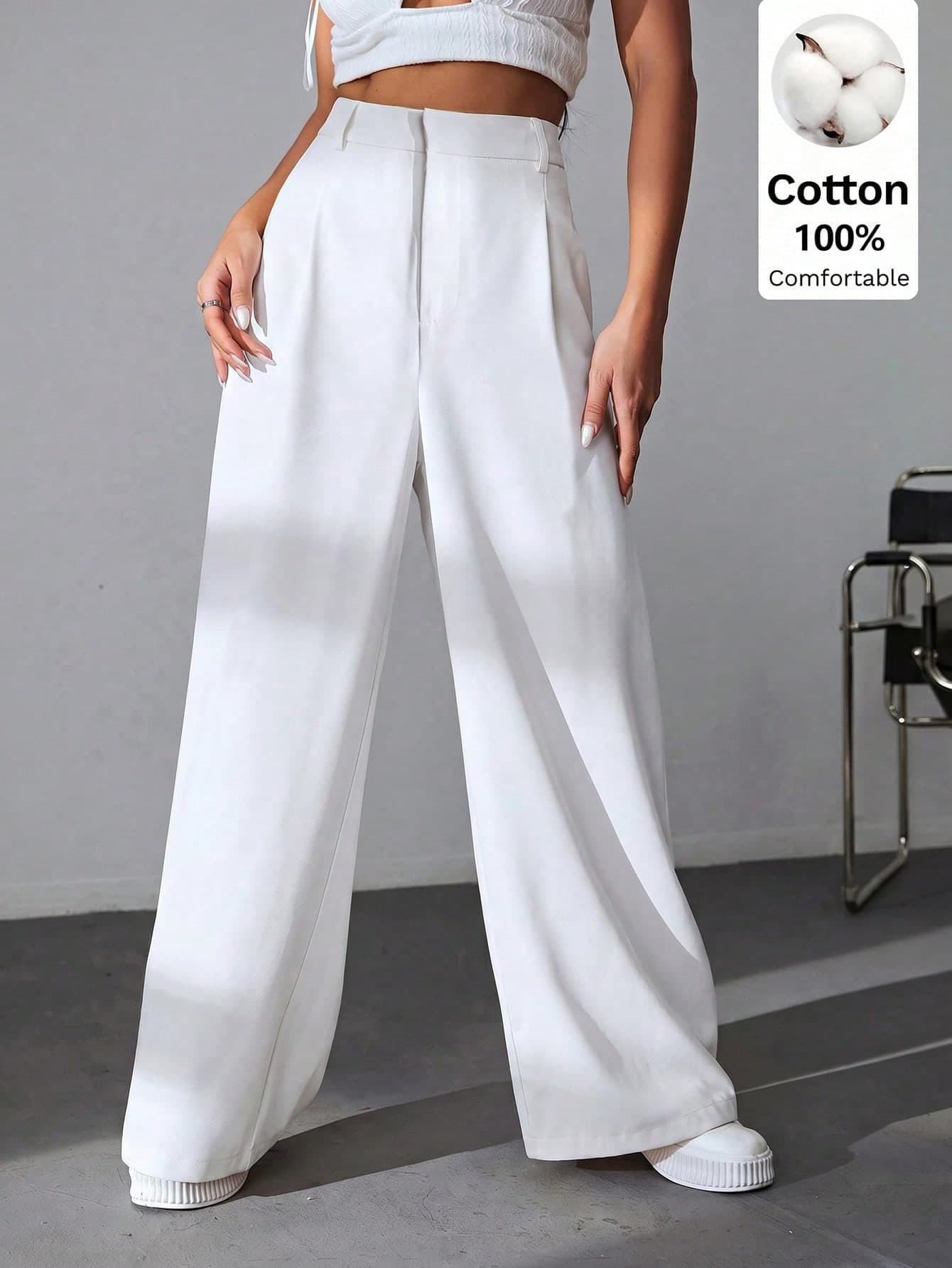 SHEIN EZwear 100% Cotton White High Waist Wide Leg Pants,Summer Casual Office Wear For College,Leisure,Parties,Music Festivals,Graduation,Back To School,Vacation