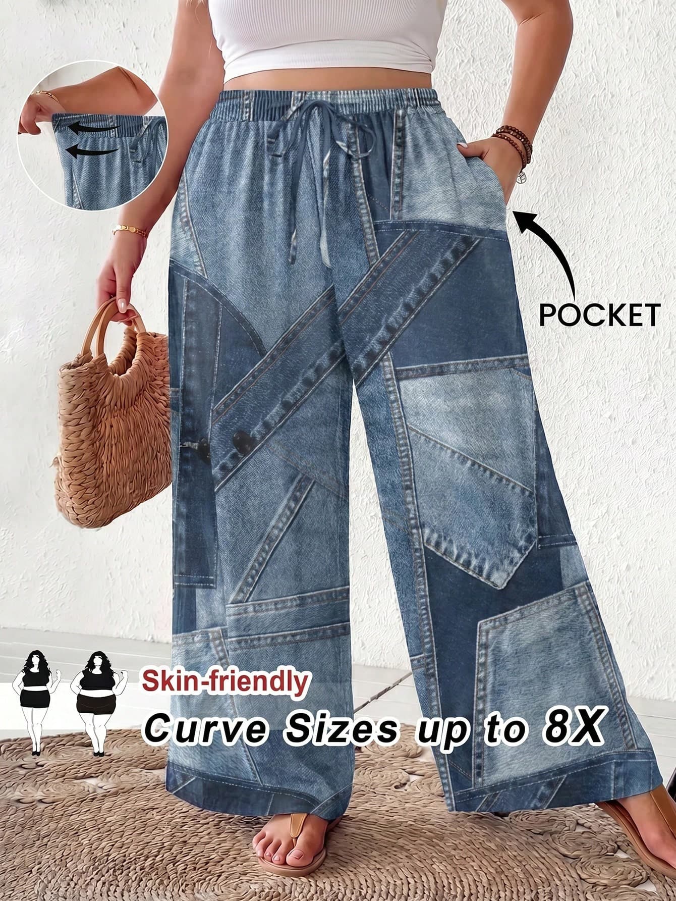 SHEIN CURVE+ Plus Size Casual Loose Printed Pants Formal Vacation Navy Blue Autumn Fall Vacation