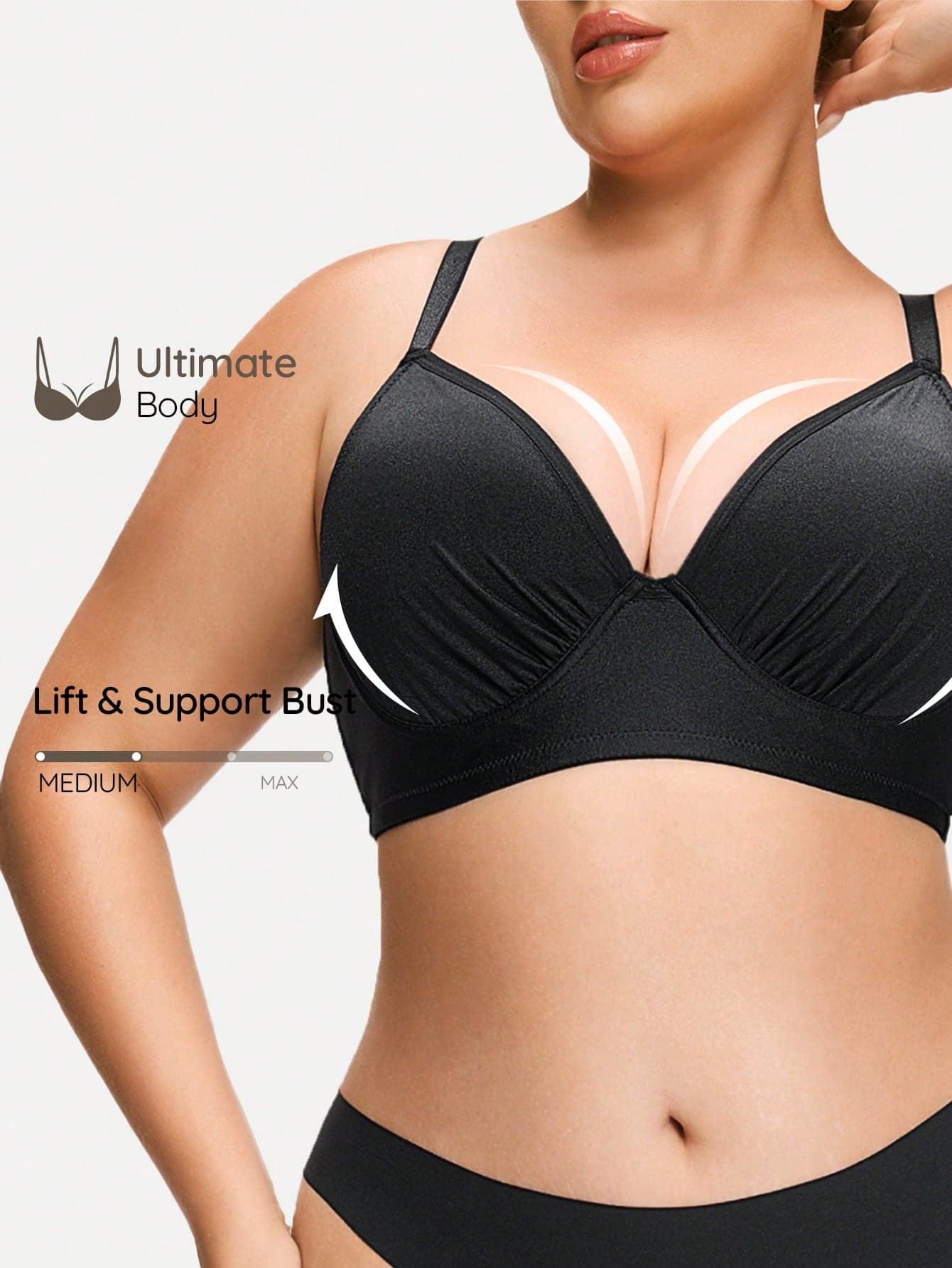 SHAPORA 1pc Plus Size Black Glossy Fabric Underwire Bra With Underwire, Enhances Bust, Reduces Side Bulge, Front Hook Closure Bra For Women