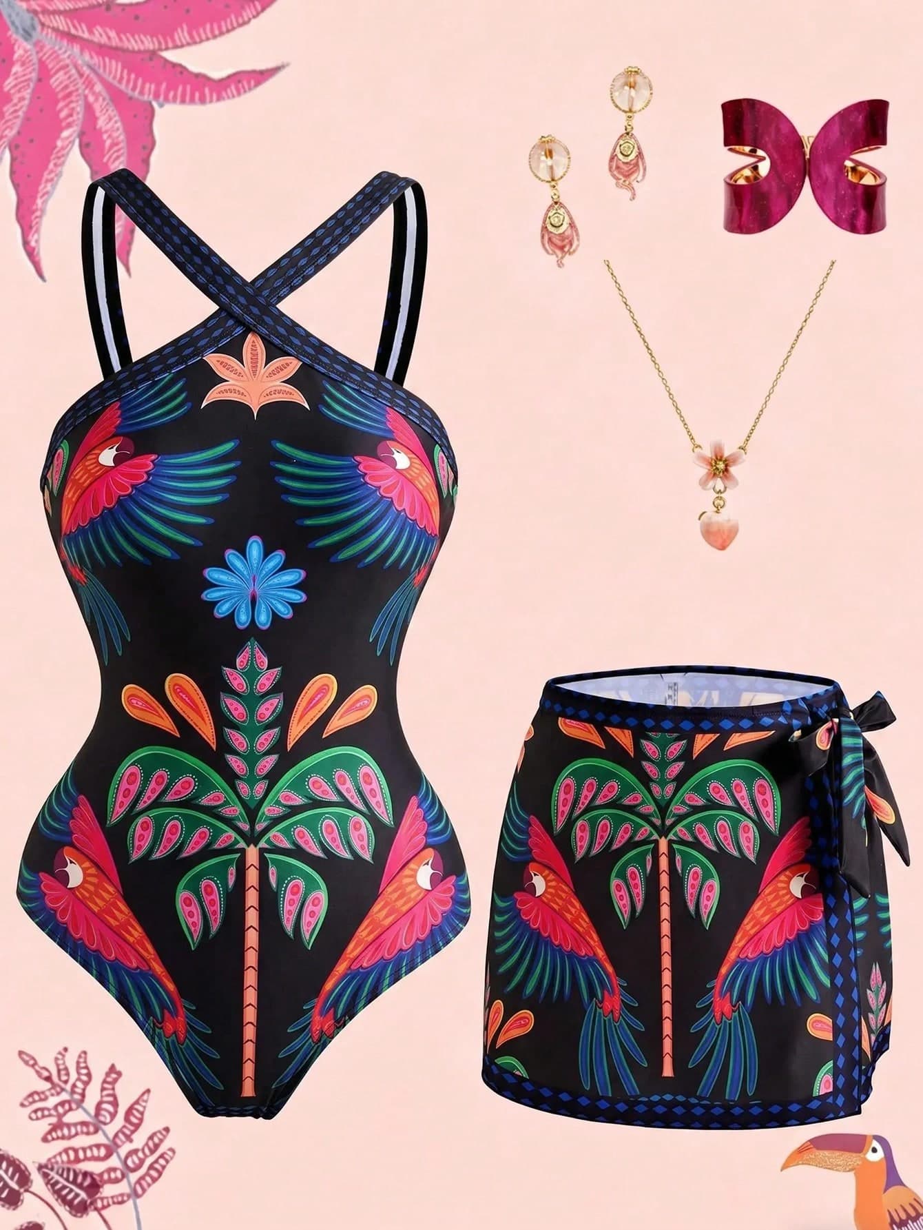 Swim Oasis Plus Size Women's Summer Beach Vacation 2026 New Exotic Parrot Print Tropical Style One-Piece Swimsuit Dress For Vacation And Hot Springs Coral
