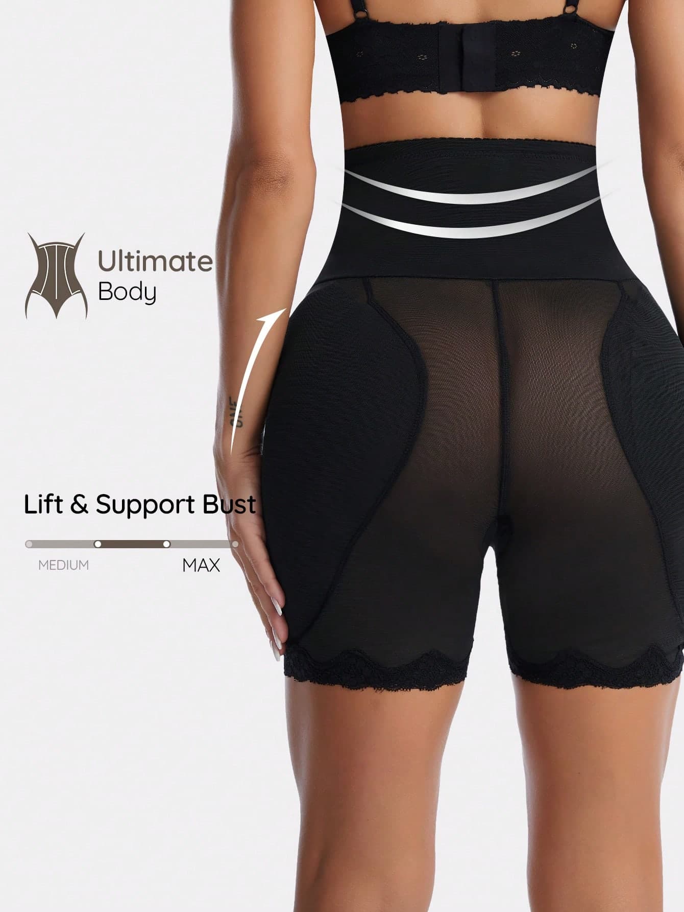 SHAPORA Black Mesh Fabric High Waist Body Shaper Shorts For Women With Plain Design