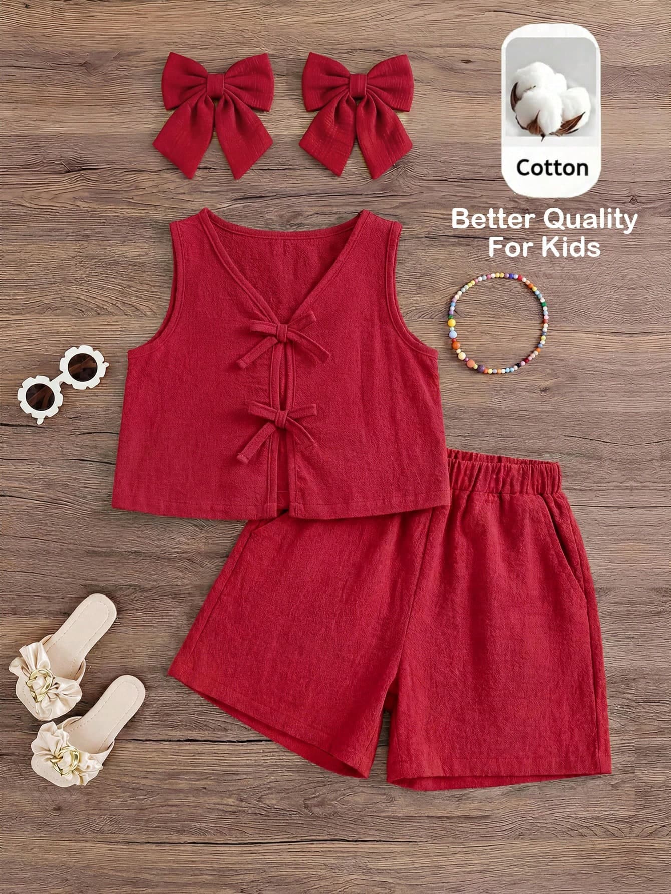 SHEIN Young Girl Woven Striped Round Neck Top And Woven Shorts 2 Pieces Set