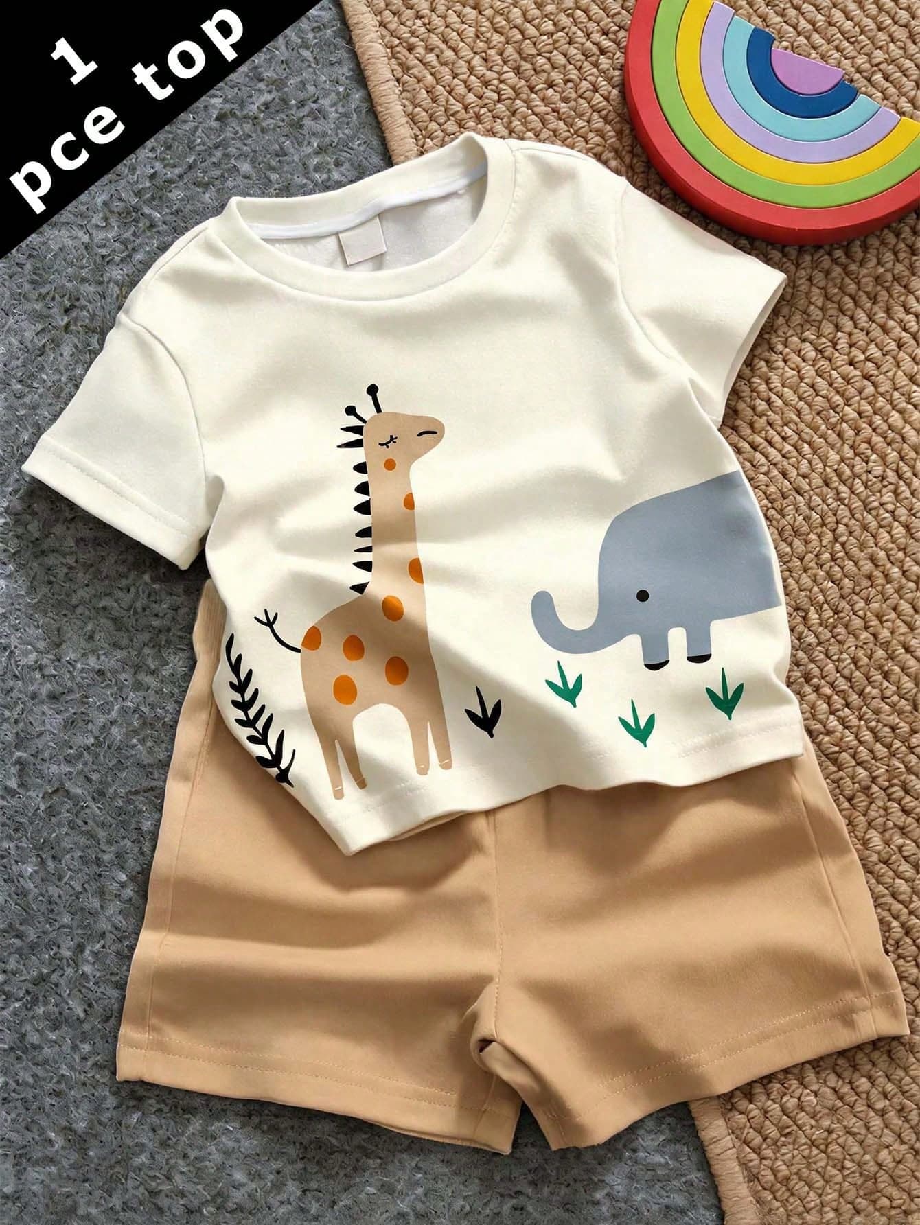 Baby Boy Casual Simple Top Suitable For Spring And Summer, Classic Cute Cartoon Giraffe, Elephant Pattern Print, Handsome Little Animal Gathering Pattern Print