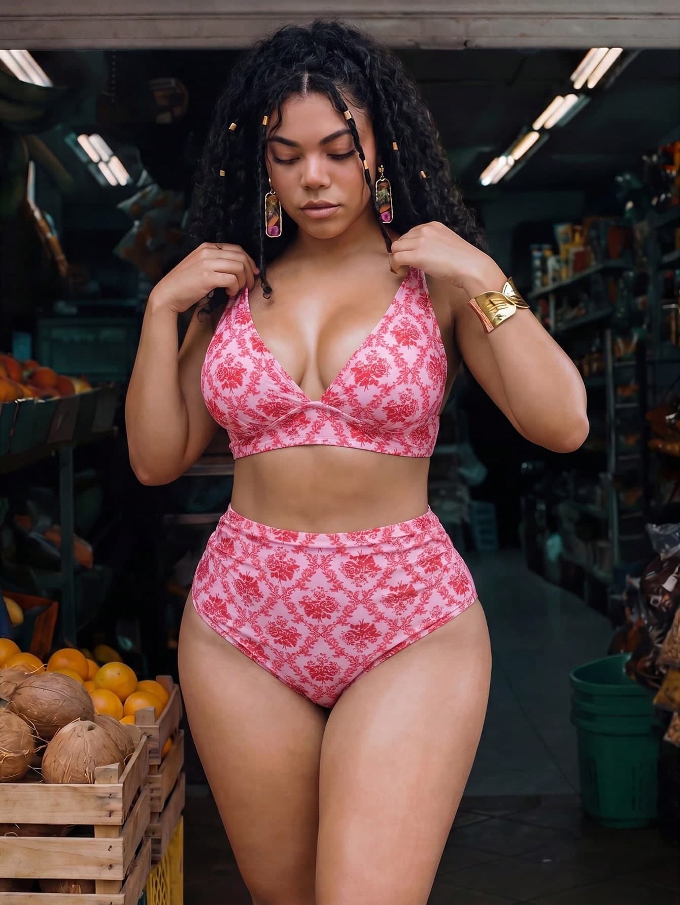 Swim Mod 2026 New Summer Plus Size Women 2pcs Random Print High Waist Triangle Bikini Bottom Ruched Casual Swimsuit Set