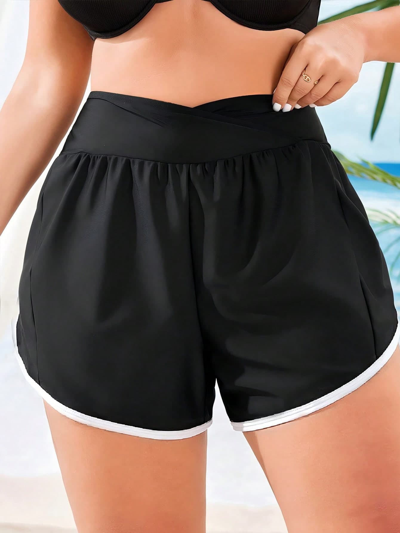 Swim Vcay Plus Size Women's Colorblock Pleated Shorts Swimwear Bottoms Suitable For Summer Vacation Beach Sport Gym Cycling Black