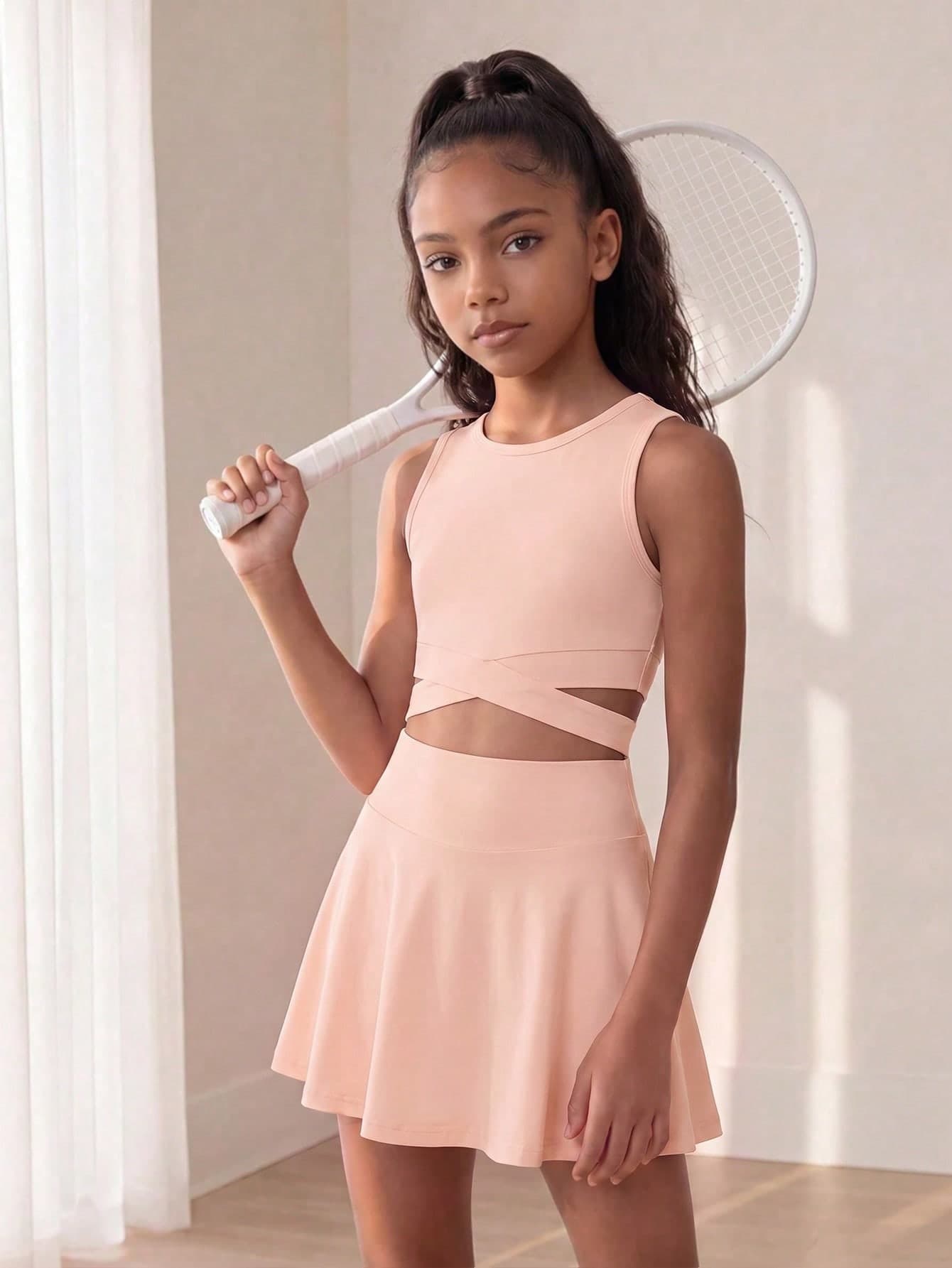 Tween Girls' Solid Color Sleeveless Top And Tennis Skirt Set, Elegant High Waist Design Snug Fit And Lengthening, Comfortable And Versatile, Suitable For Spring/Summer, Athleisure, Sports, Running, Stretch Fabric