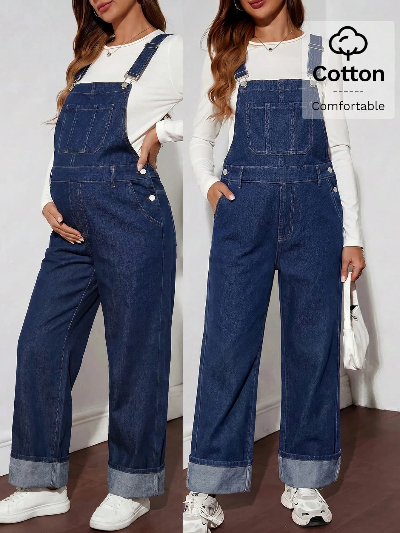 SHEIN Maternity Summer Casual Patch Pocket Denim Bib Pants Elegant  Festival Going Out Casual Vacation Blue Summer Fall