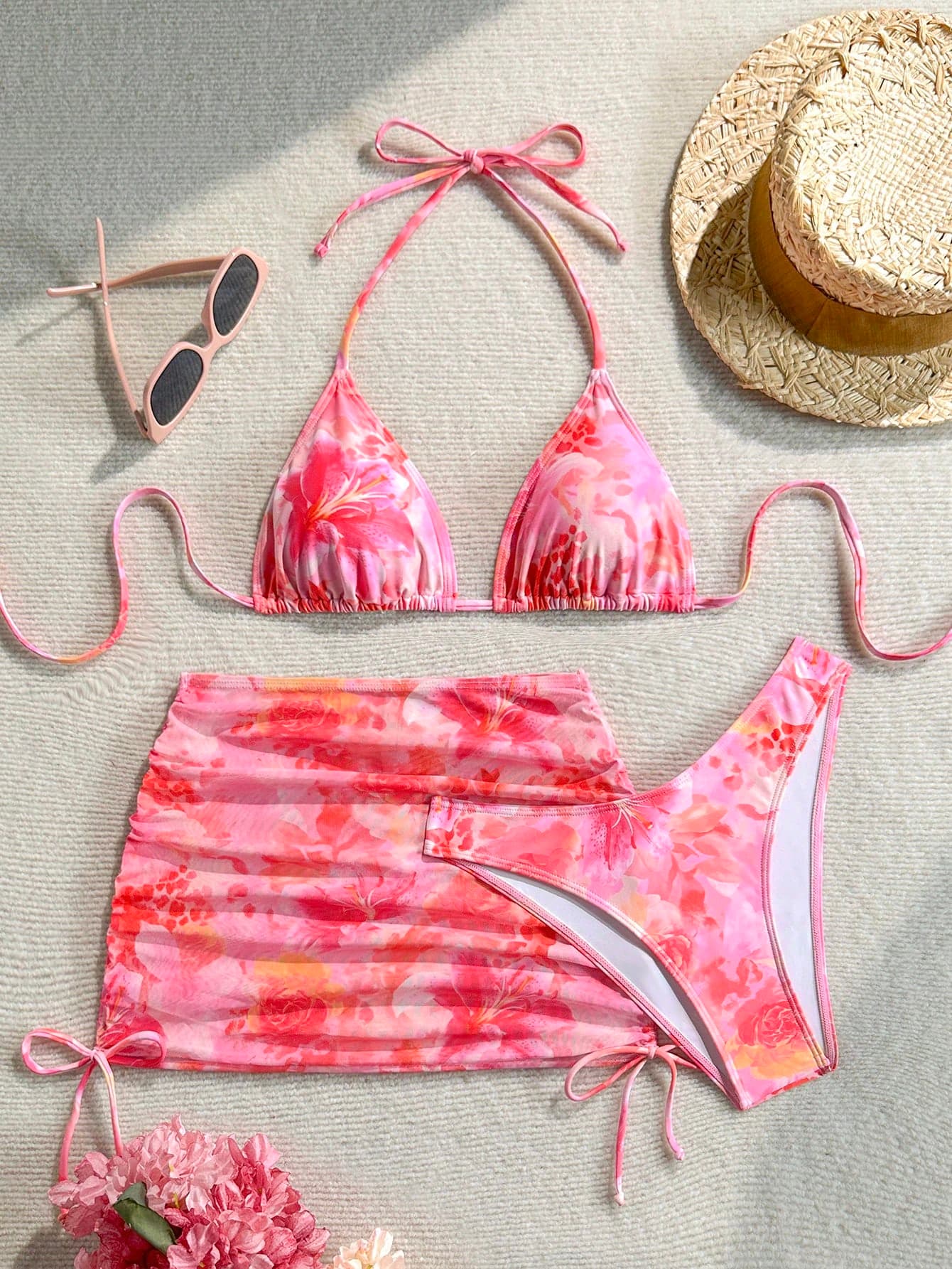 Soleia Women's Large Floral Print Halter Neck Vacation Beach Bikini Set With Cover-Up Skirt