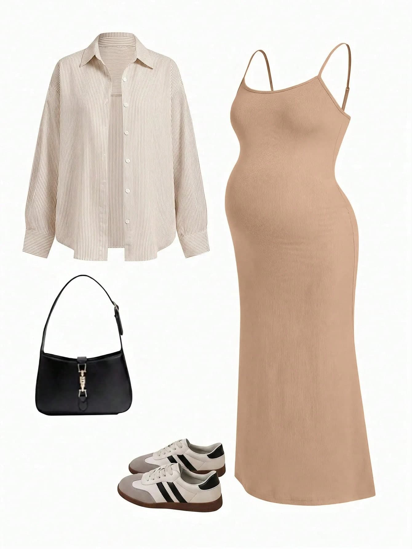 Modmama Maternity Solid Color Camisole Dress And Striped Single-Breasted Long Sleeve Top Casual Daily 2pcs Set
