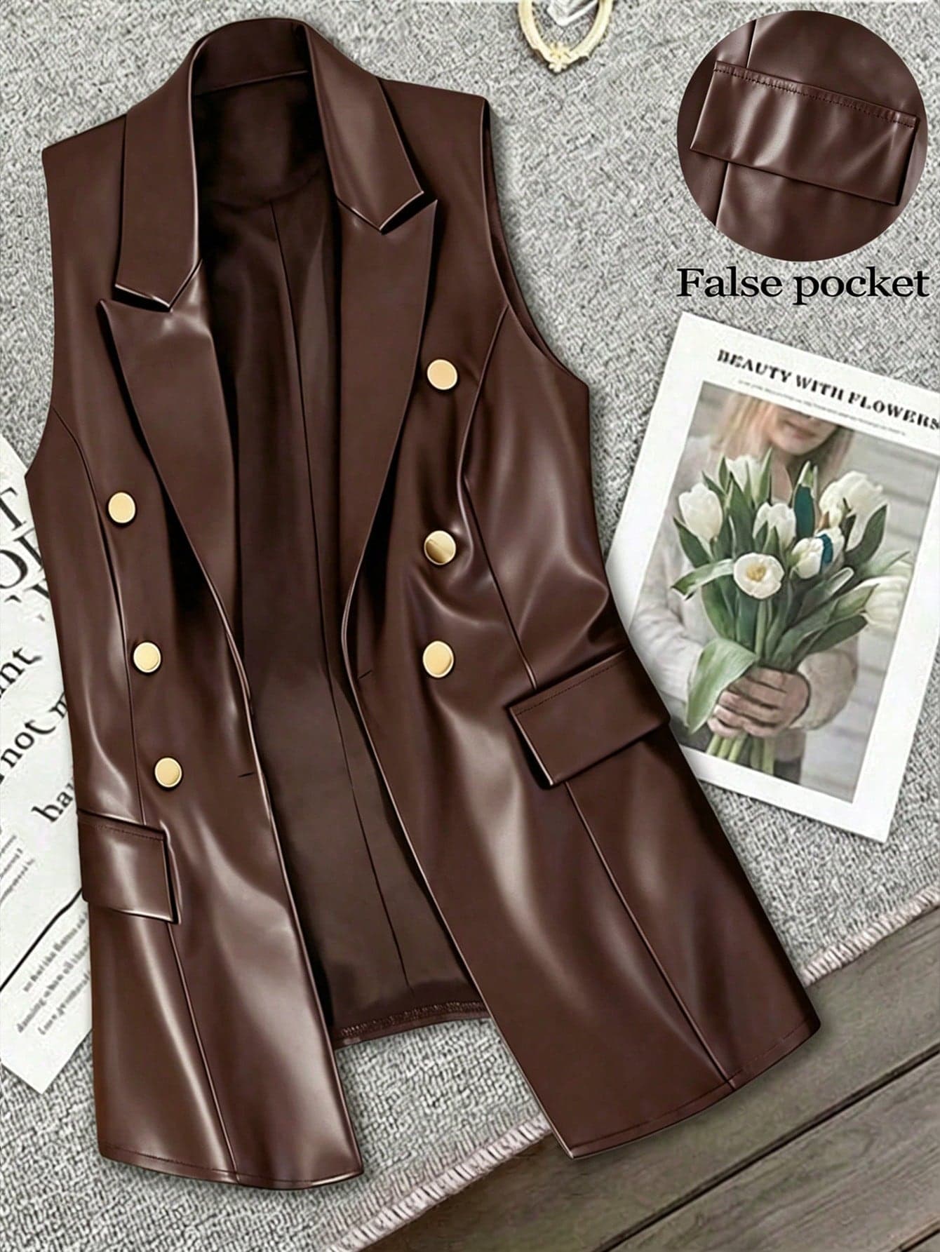 GlowEve CURVE Plus Size Women Leather Sleeveless Jacket With Button Decor