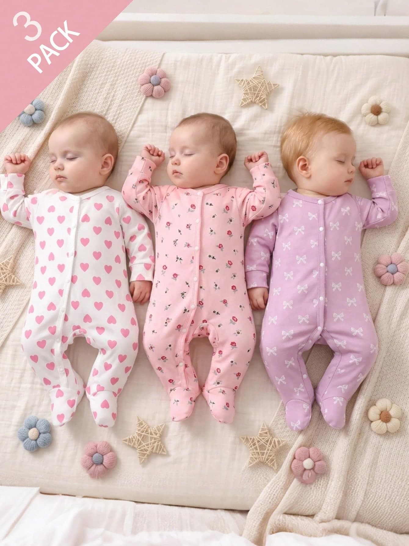 SHEIN 3-Piece Newborn Baby Cotton Soft Knit Sleepwear, Long Sleeve & Full Length Jumpsuits, Pink Heart Floral And Bow Print, Stylish Spring Autumn