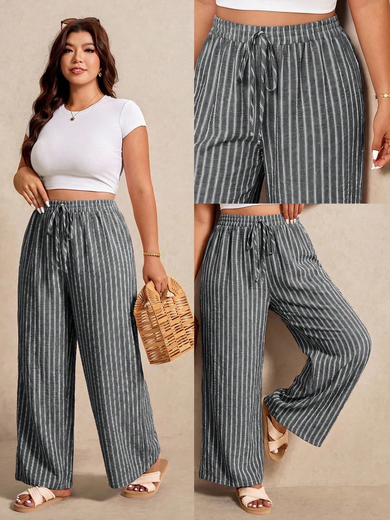 Elaquor Plus Size Women's Drawstring Waist Striped Pattern Loose Versatile Long Pants