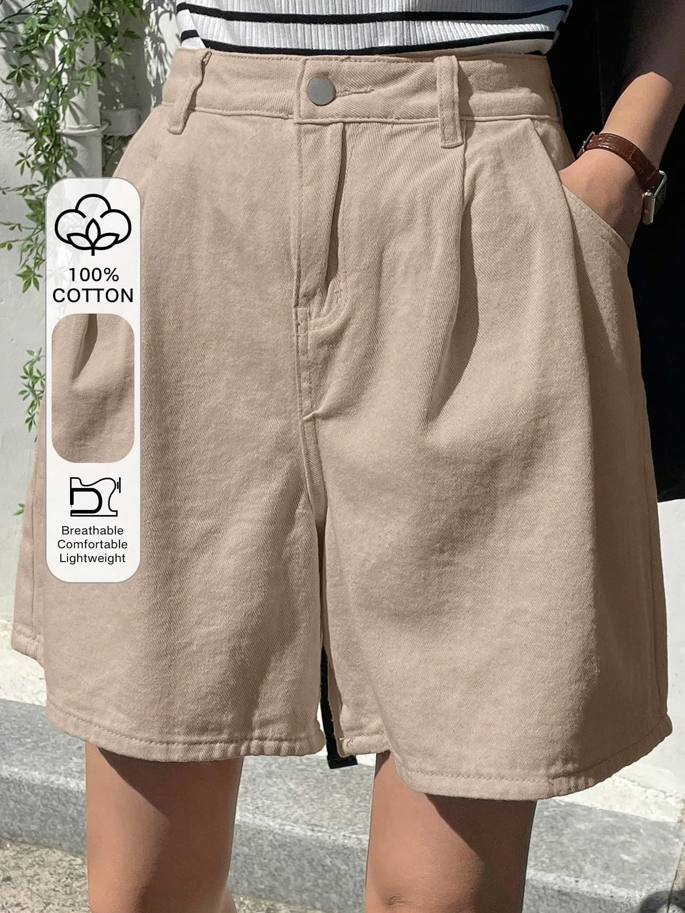 DAZY Women's Casual Solid Color Pleated Slant Pocket Denim Shorts, Summer Daily Khaki