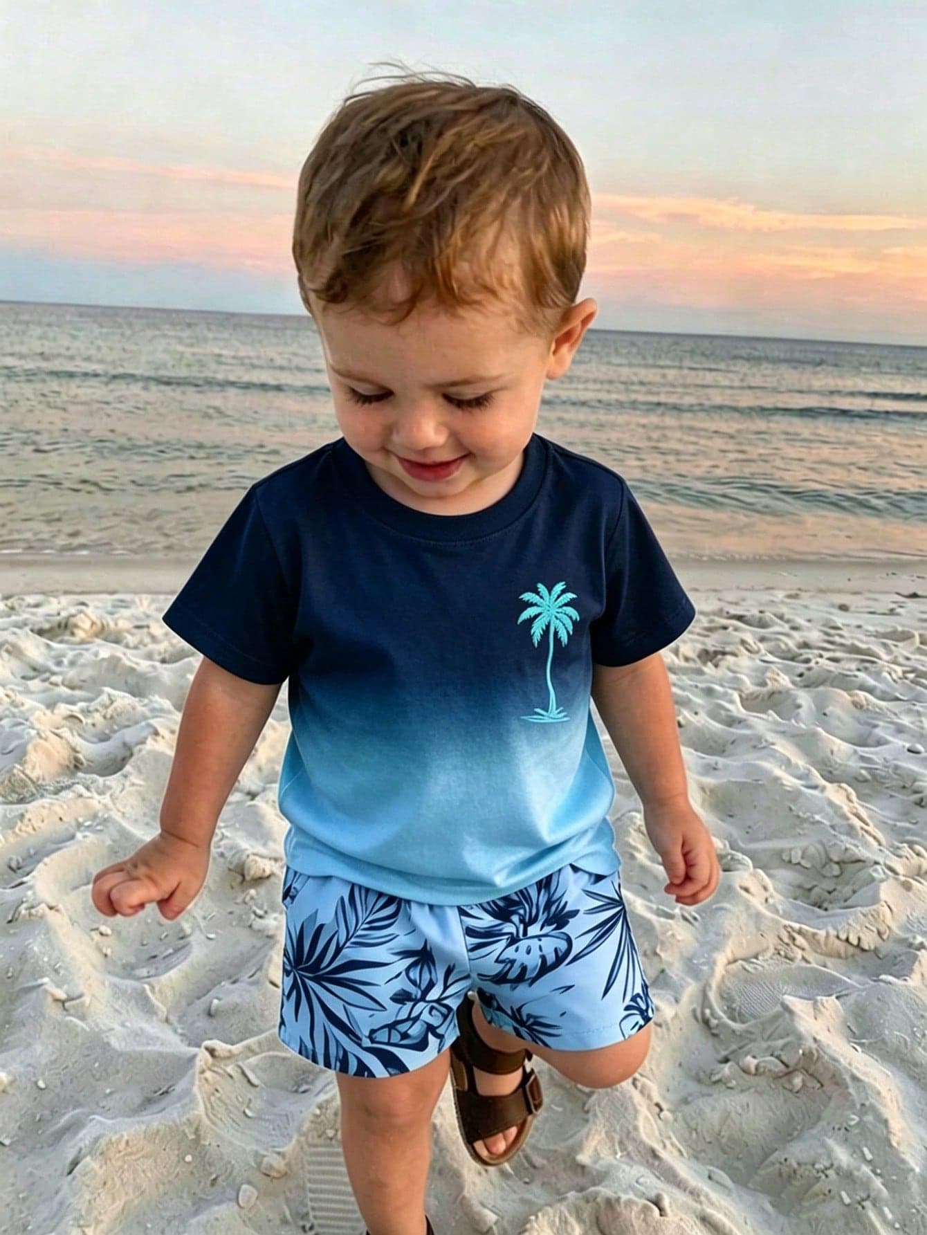SHEIN Playful Pals 2pcs/Set Boys' Blue Vacation Casual Minimalist Fashion Contrast Gradient Print Knit Round Neck T-Shirt And Matching Leaf Print Shorts Set, Suitable