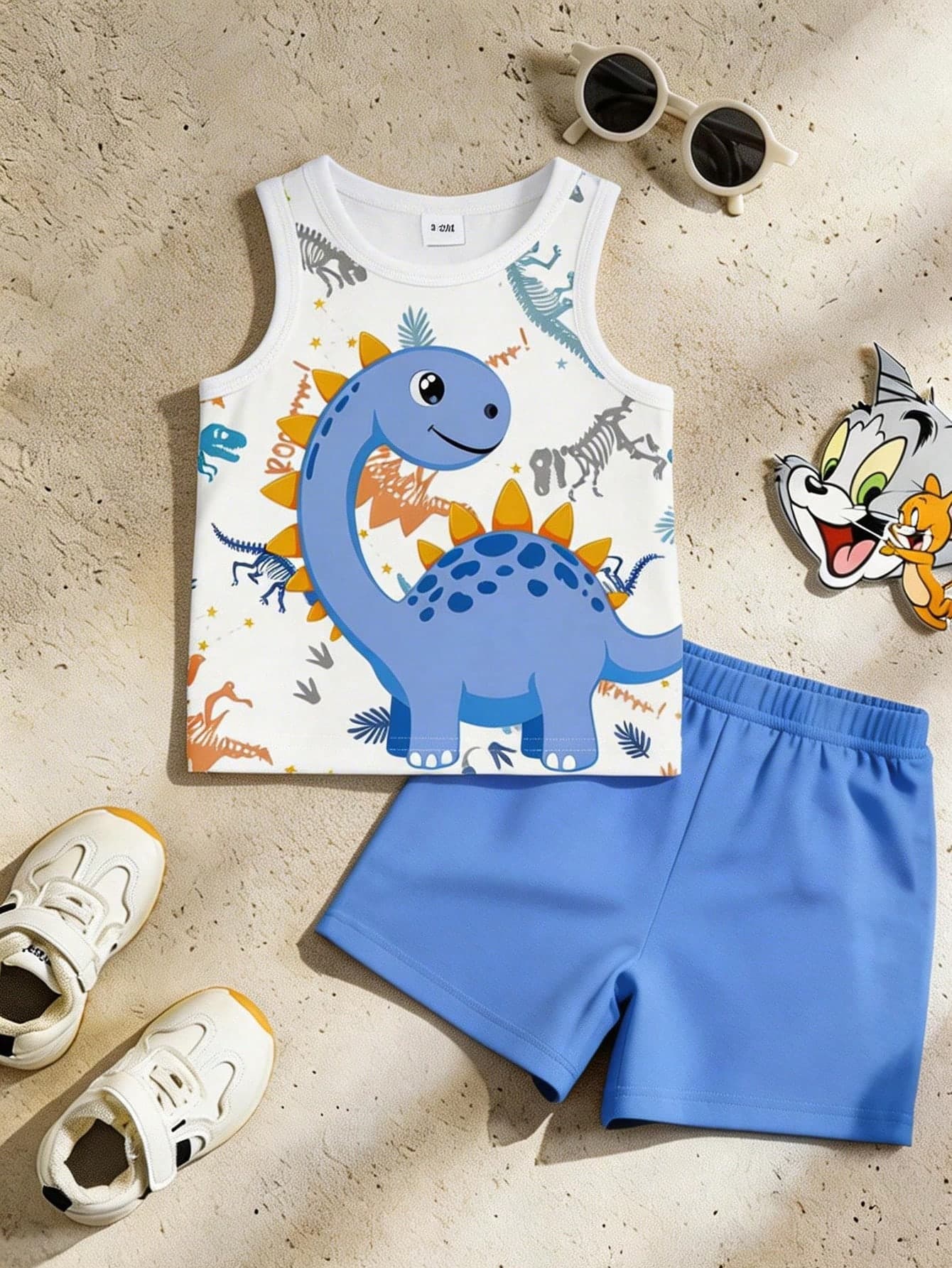 SHEIN Playful Pals 2pcs/Set Baby Boy Casual Outfit, Cute Dinosaur Print Vest Top Paired With Blue Shorts, Suitable For Outdoor Wear In Summer