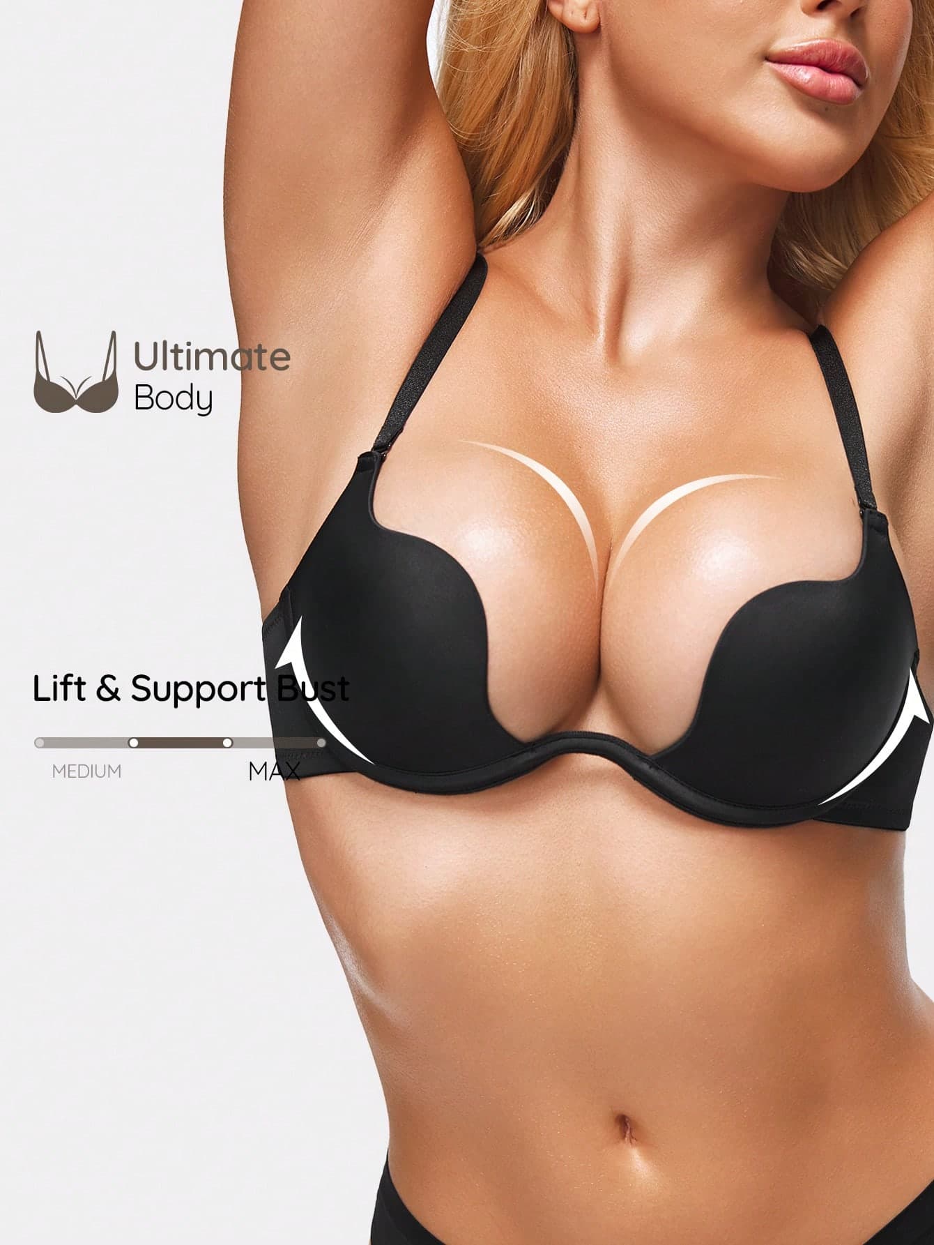 SHAPORA Women's Black Plain Casual Backless Push Up Bra With Slight Stretch Fabric