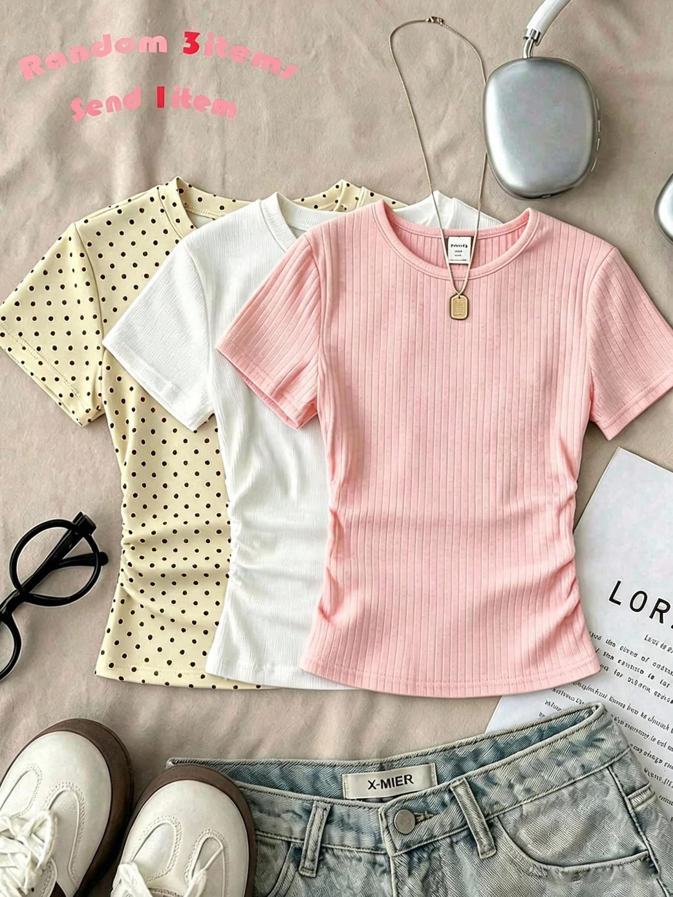 Teen Girl Casual Slim Fit Round Neck Ruched Short Sleeve T-Shirt Suitable For Summer