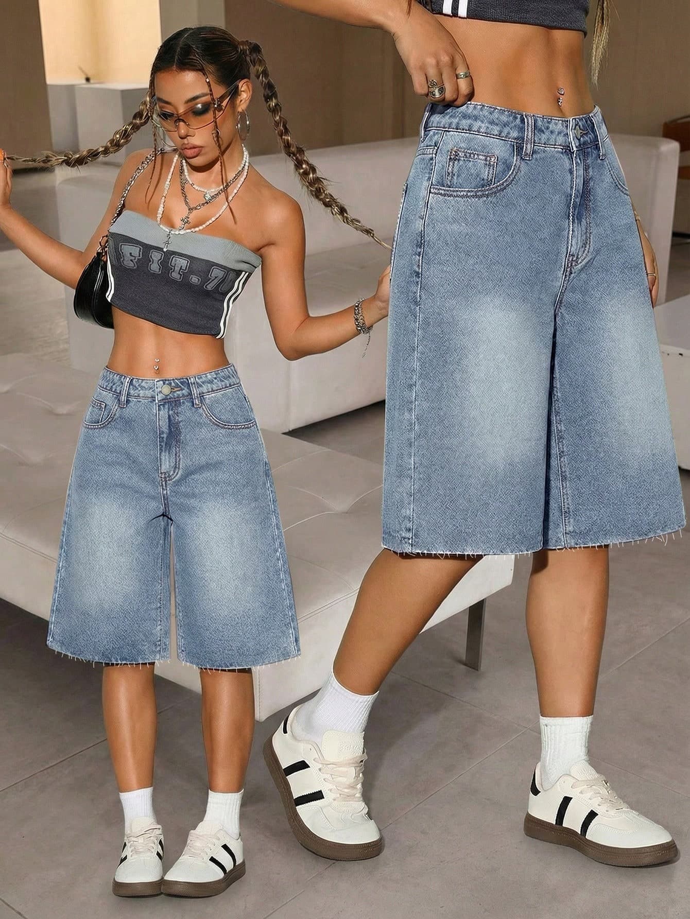 Teen Girls Blue Denim Loose Capri Pants