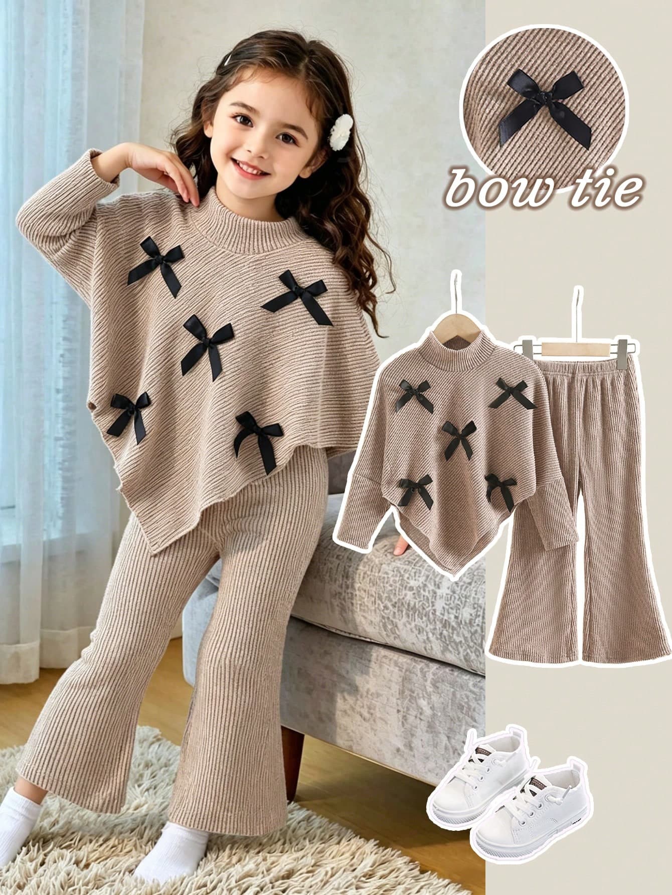 Souflis Souflis Young Girl Autumn/Winter New Casual T-Shirt Set Front Black 3D Bow Decor Asymmetric Pullover High Neck Knit Ribbed Brushed Fabric Solid Beige Top Pants 2pcs