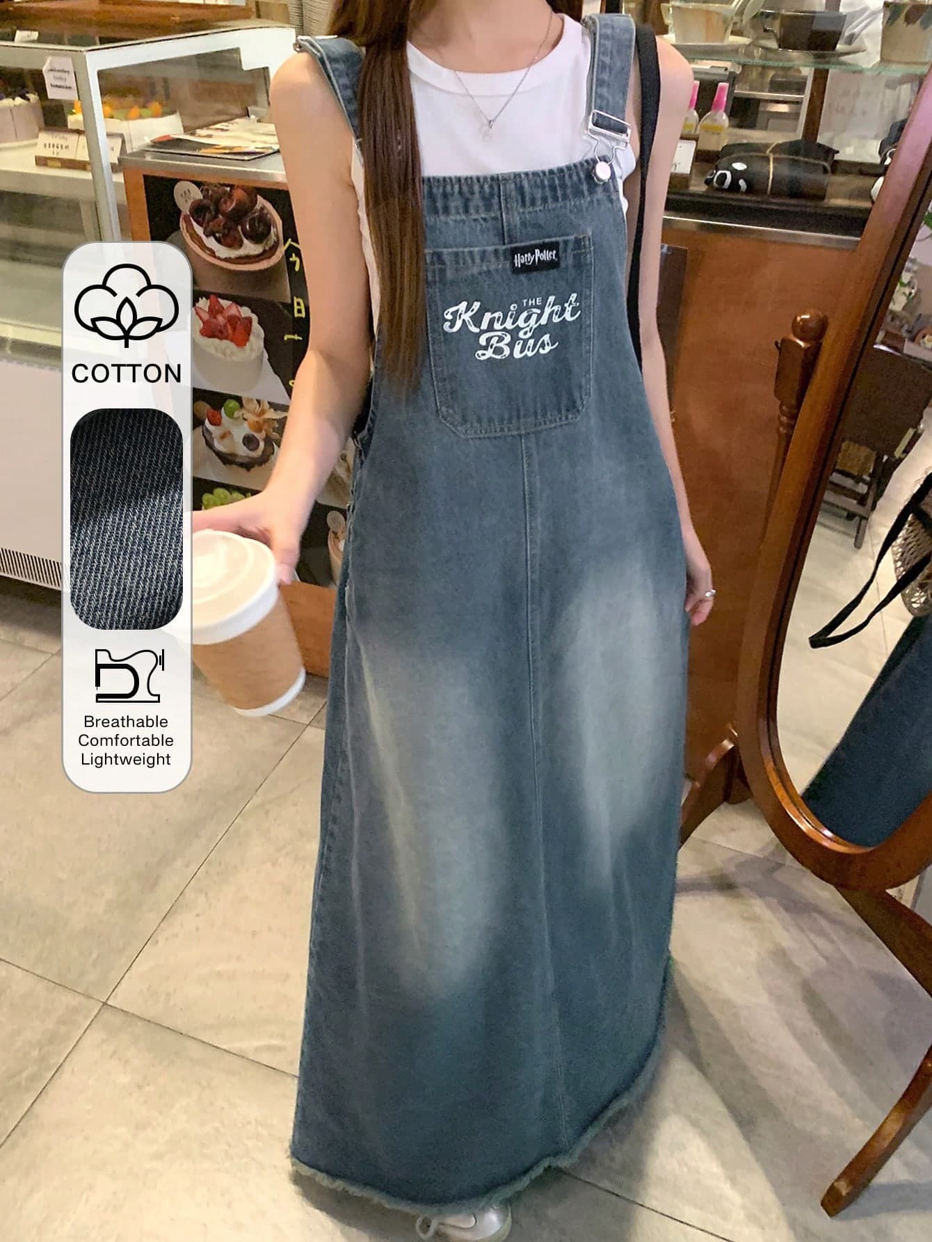 DAZY Letter Print Washed Denim Overalls Jumpsuit For Women