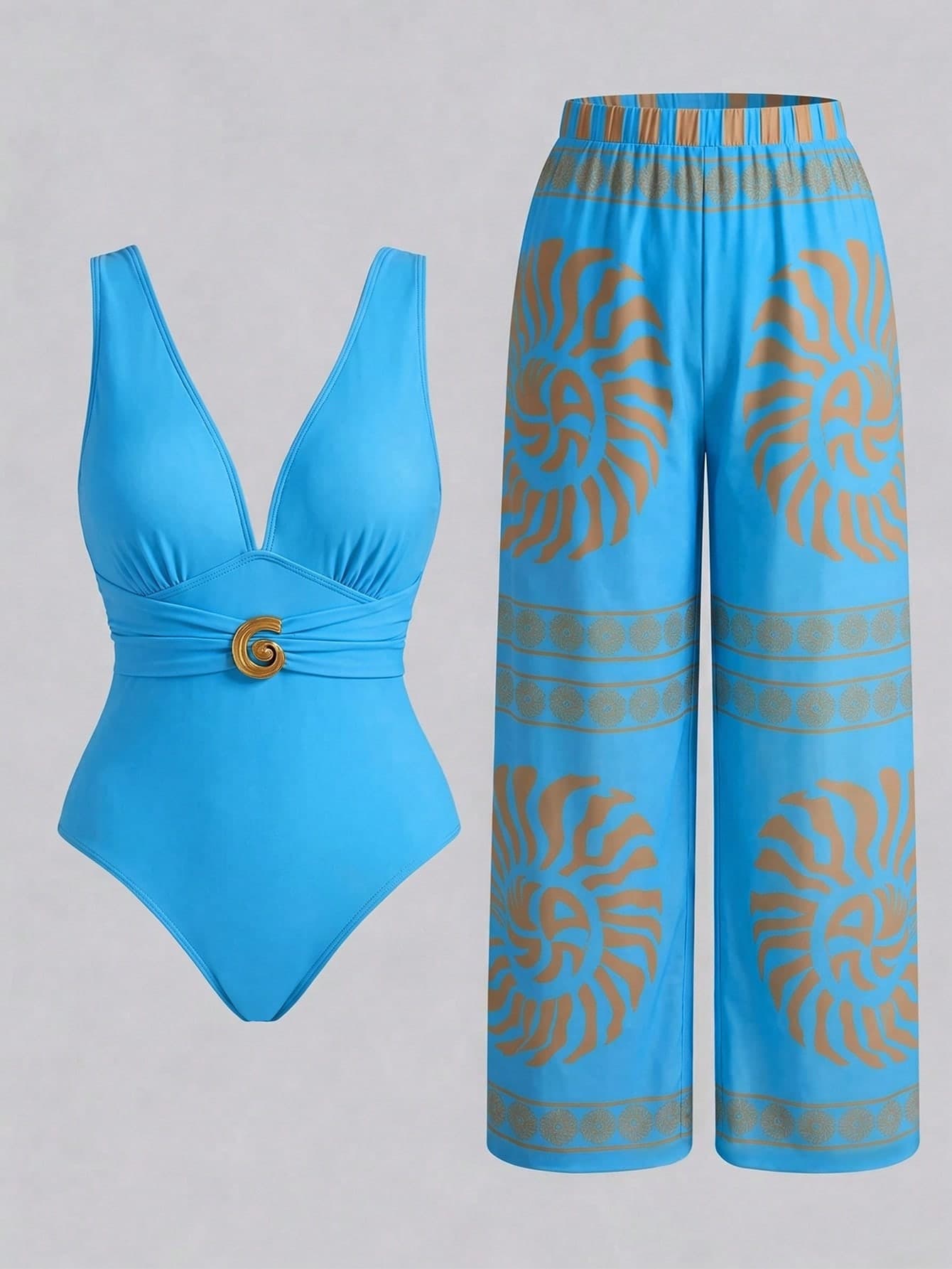 Swim Oasis New Plus Size Women's Tummy Control Slimming Sexy V-Neck One-Piece Mesh Long Pants Two Pieces Swimsuit