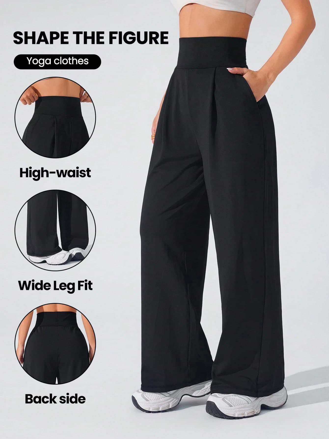 SHEIN Sports Women's Solid Color High Waist Pleated Pocket Wide Leg Sports Pants