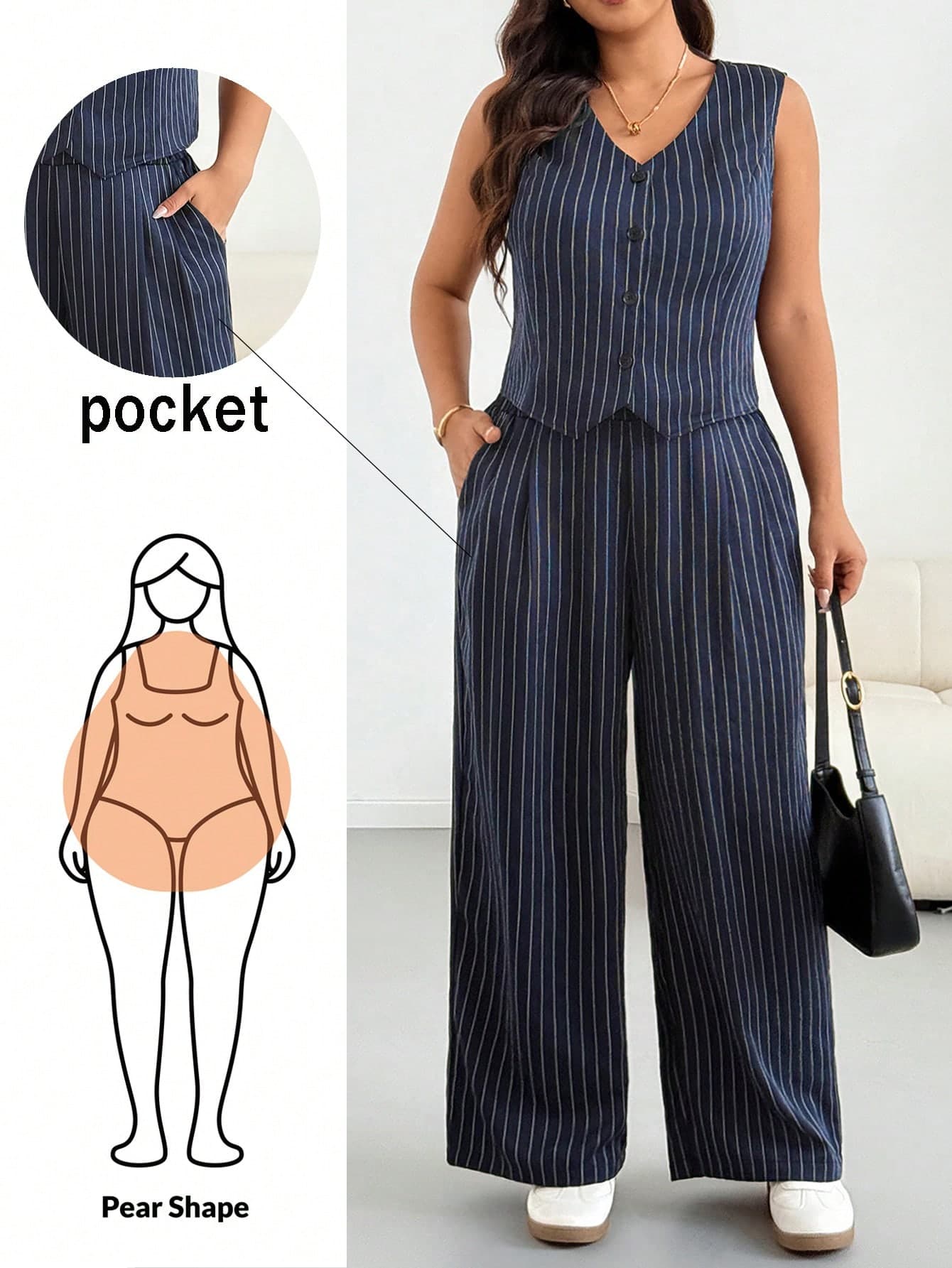 Shapeblank Plus Size Women's Spring/Summer Fashion Casual Loose Comfortable Daily Basic Versatile Slimming Navy Blue Striped Vest Top And Wide Leg Pants 2-Piece Set, Old Money Style, Office Wear, Summer Suit Set, Work Outfit, Minimalist Style, Striped Set