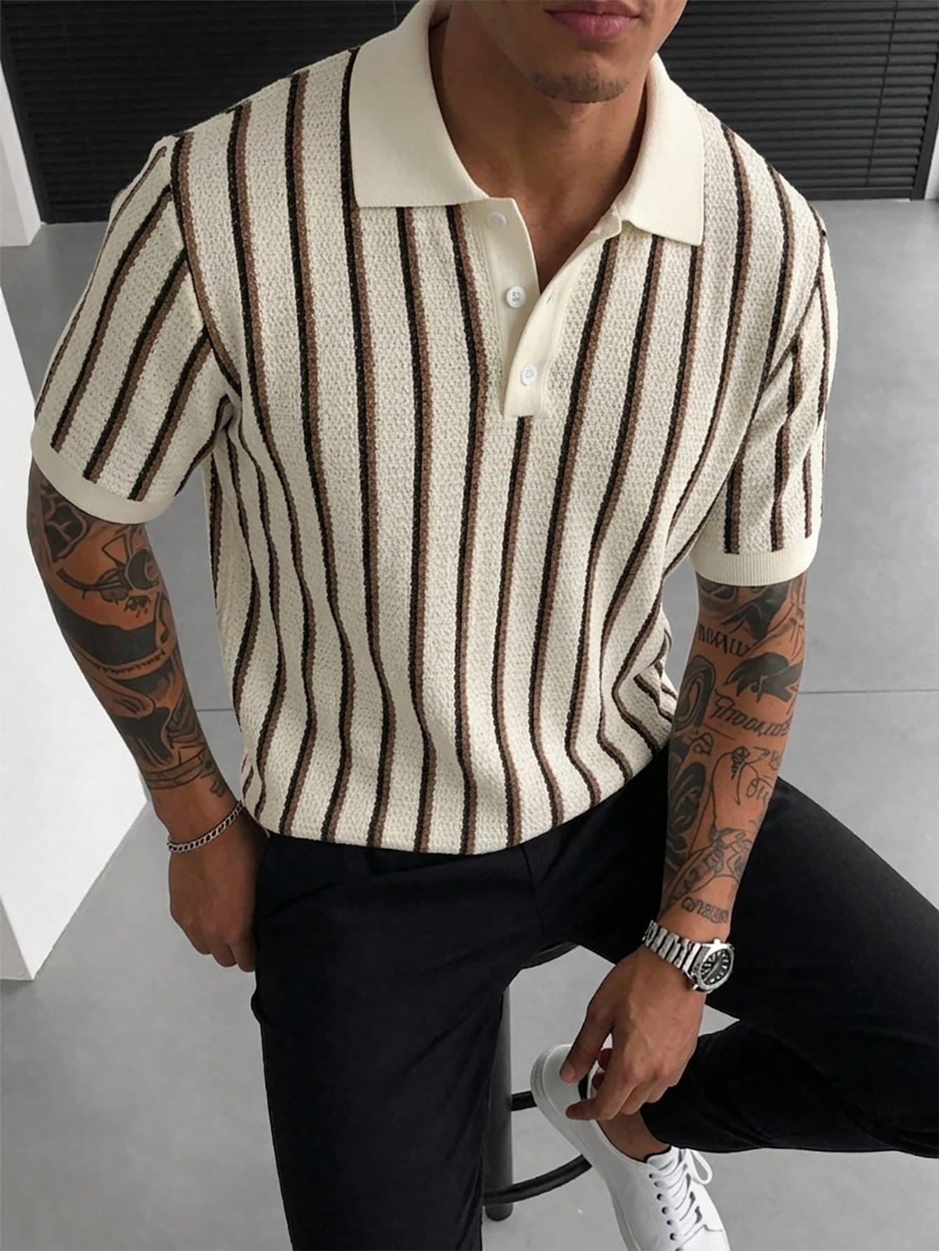Manfinity CasualCool Men's Colorblock Polo Shirt, Vintage Geometric Jacquard Casual Top/Men's Casual Commuting Color Block Short Sleeve Polo Shirt